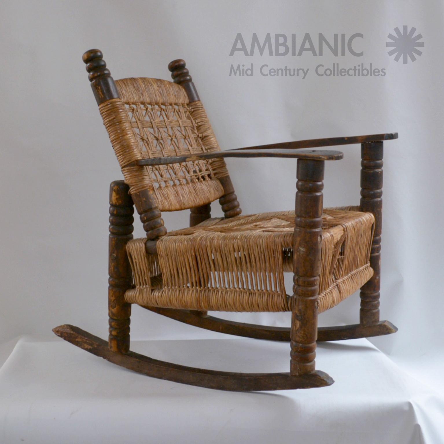 Mexican Antique Children's Rocking Chair Wood and Wicker Seagrass Armchair Rocker, 1930s