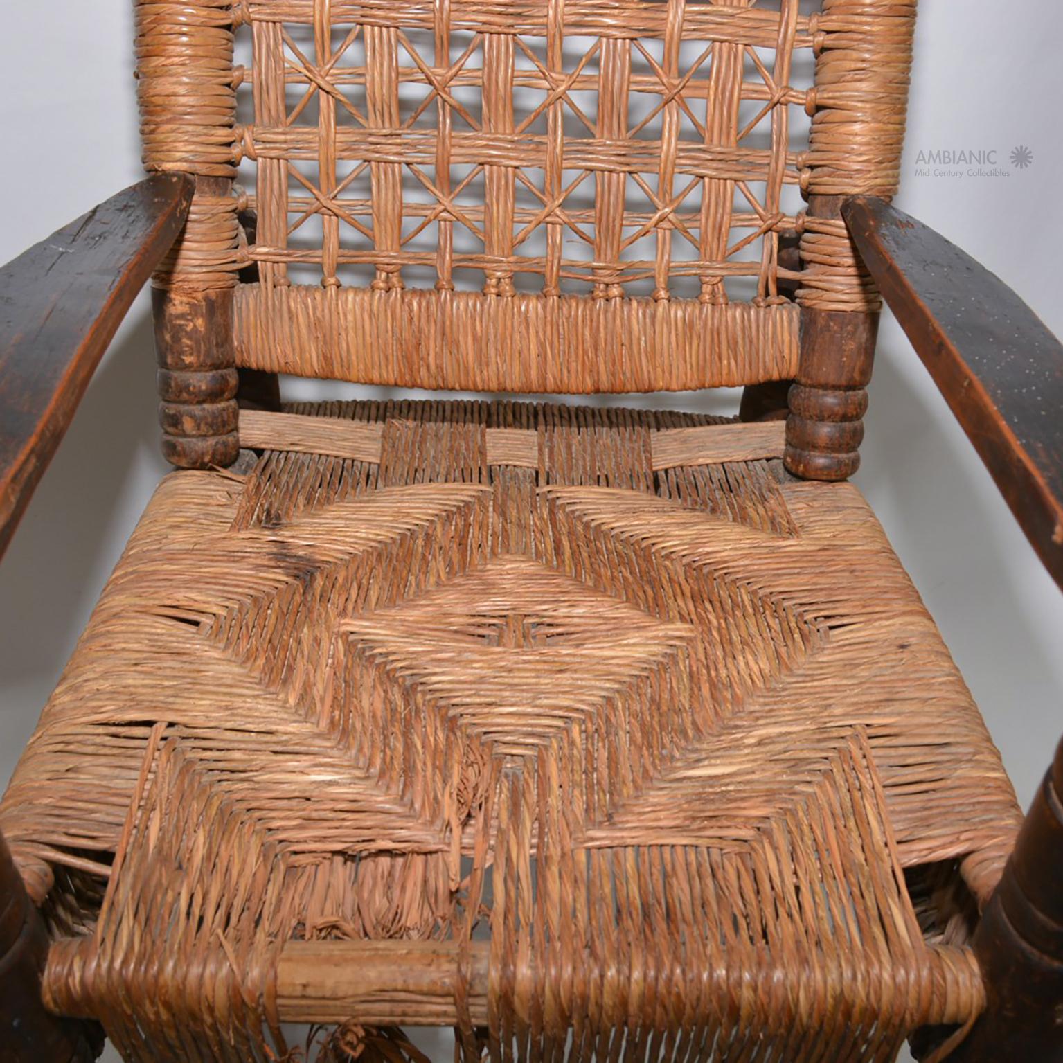 Mid-20th Century Antique Children's Rocking Chair Wood and Wicker Seagrass Armchair Rocker, 1930s