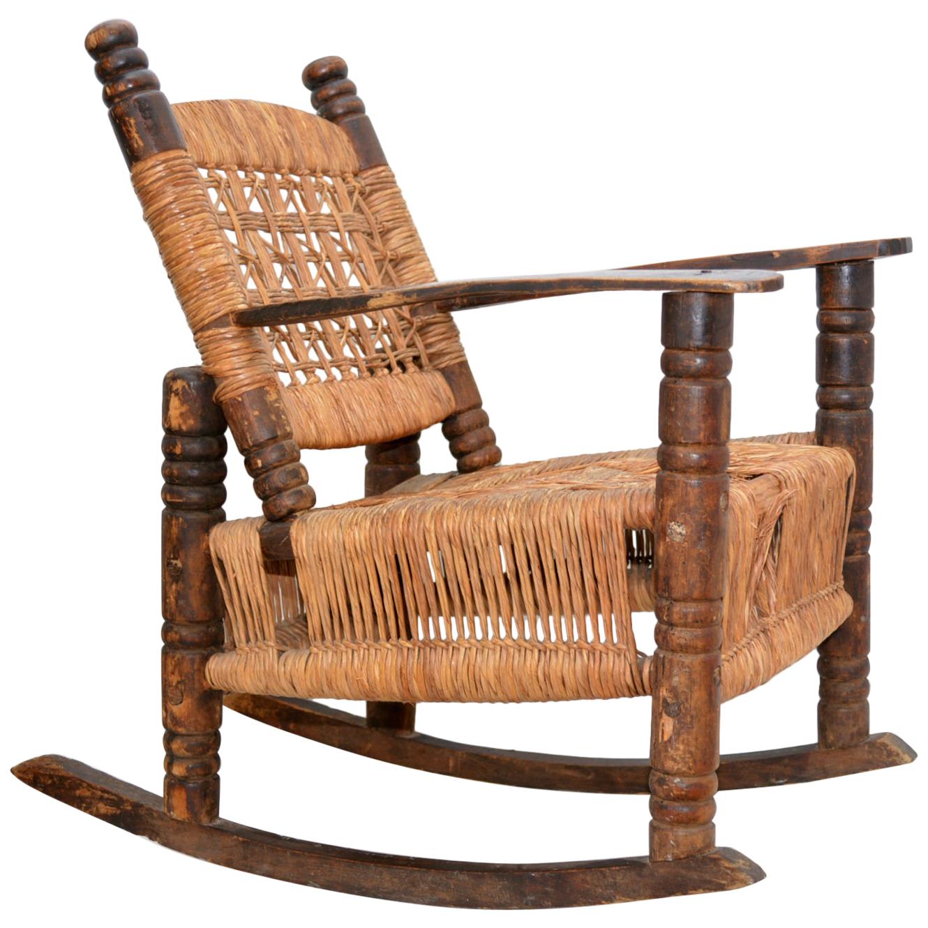 Antique Children's Rocking Chair Wood and Wicker Seagrass Armchair Rocker, 1930s