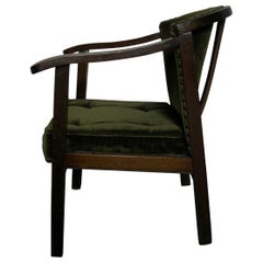 Antique Child’s Chair, 1910-1940, Dark Brown, Velvet Cushion, Green