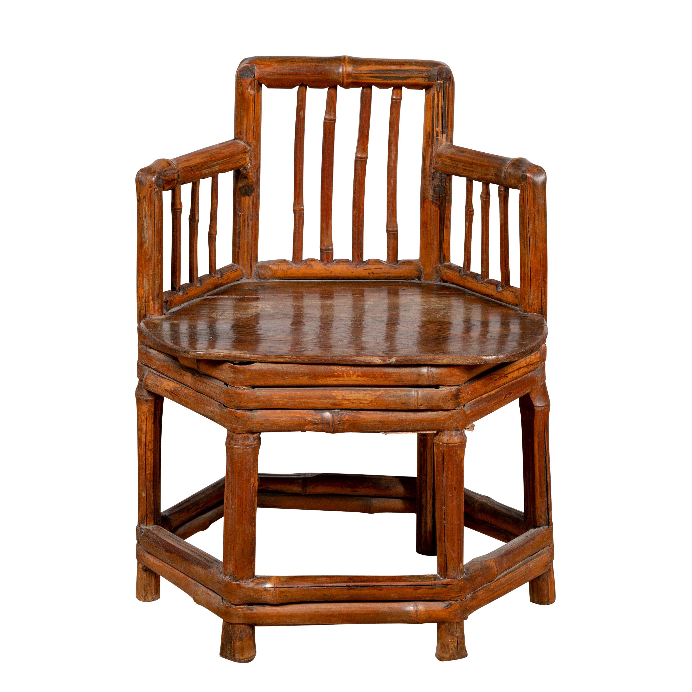 Antique Child's Corner Chair with Bamboo Frame and Hexagonal Base