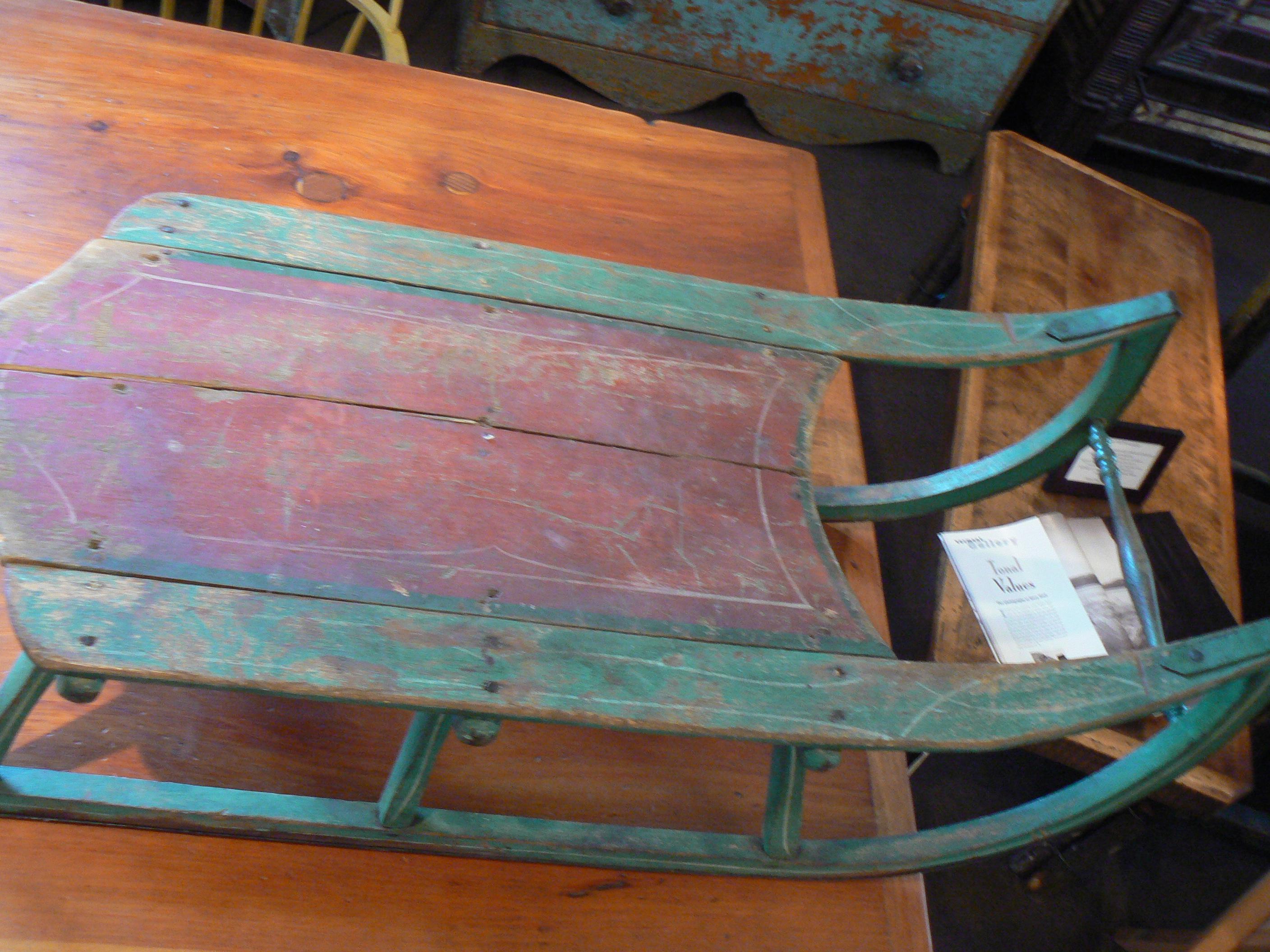 Antique Child's Sled in Green and Red Paint In Fair Condition In Nantucket, MA