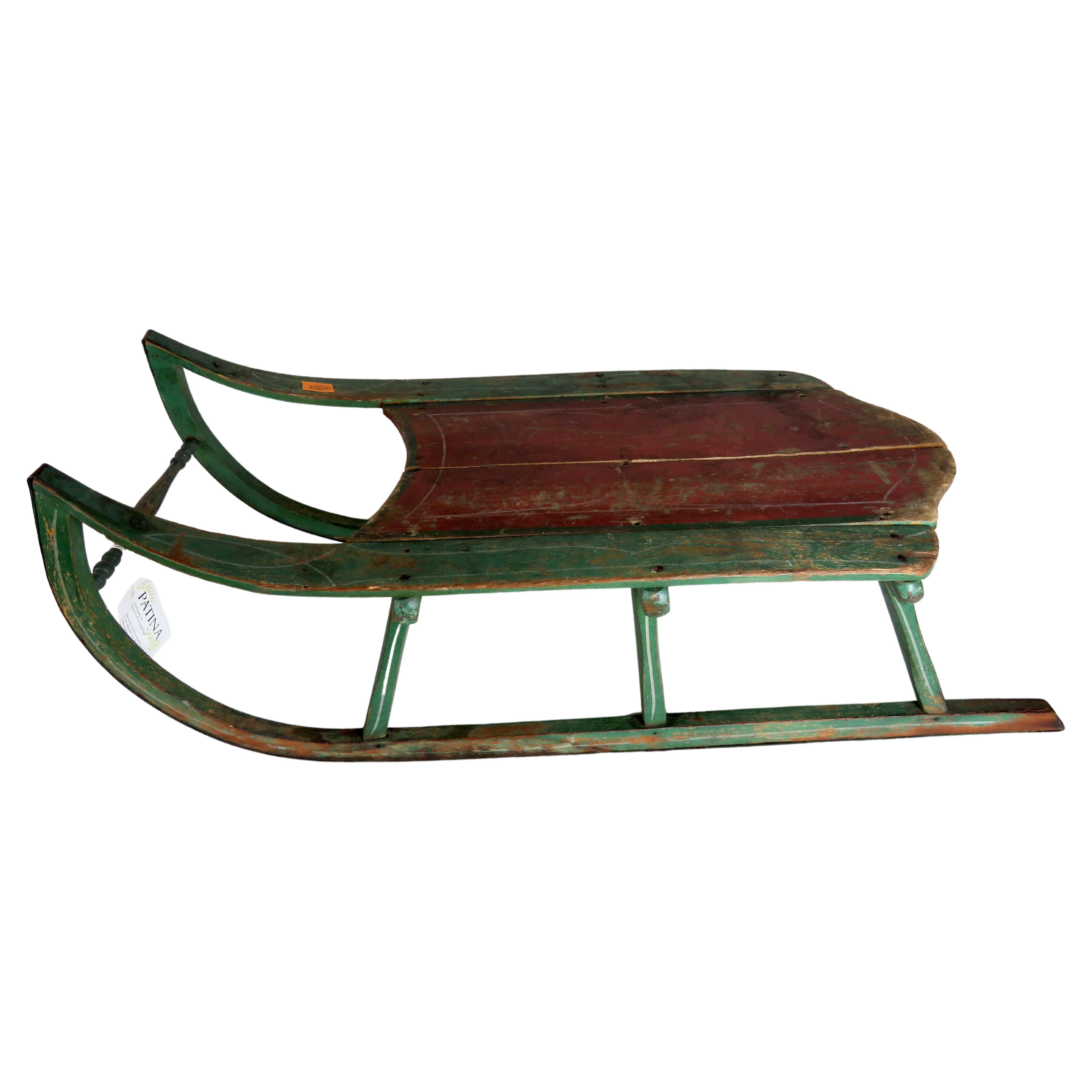 Antique Child's Sled in Green and Red Paint