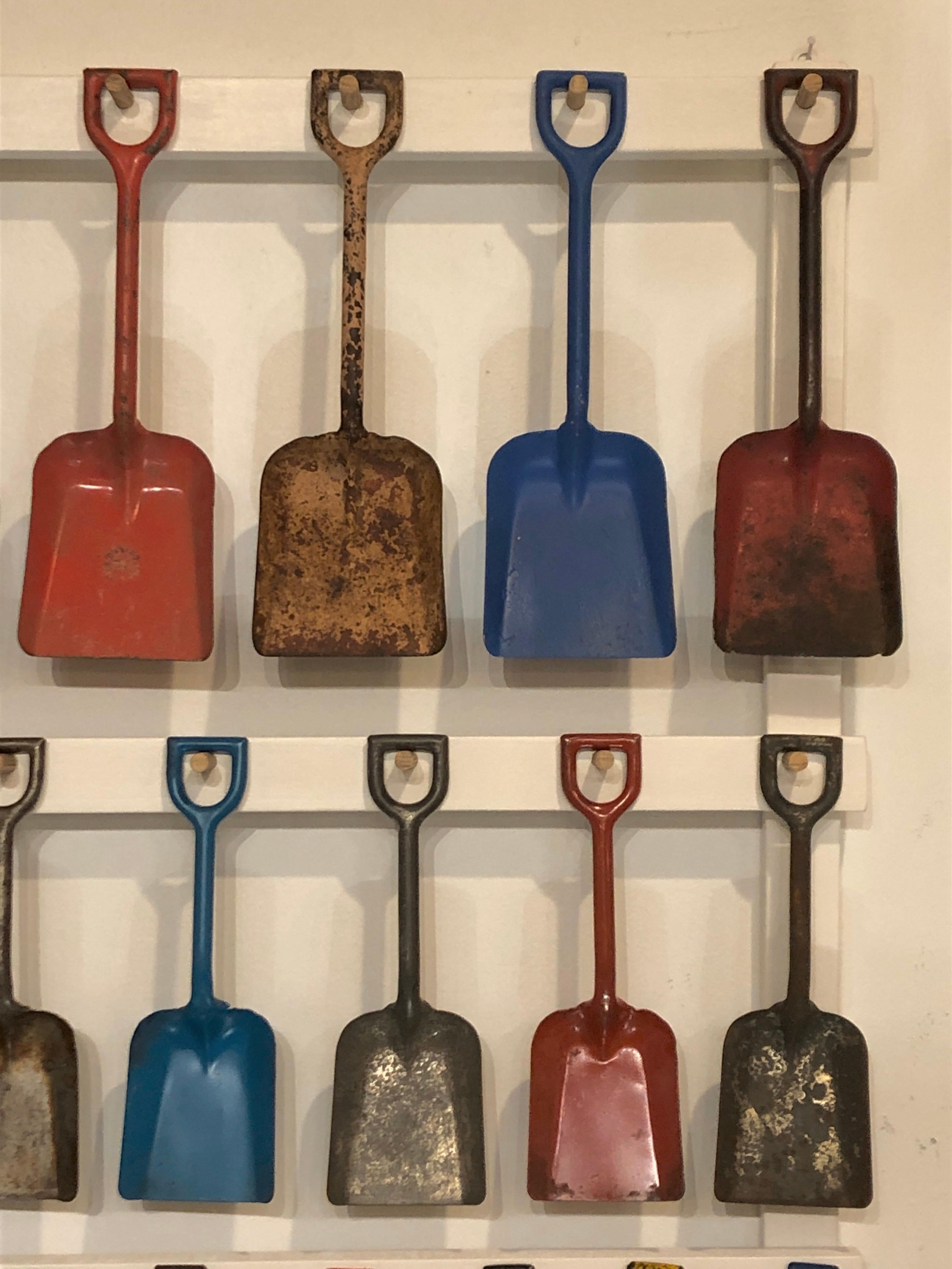 Folk Art Antique Child's Toy Metal Beach Sand Shovel Display, 25 Shovels Custom Frame