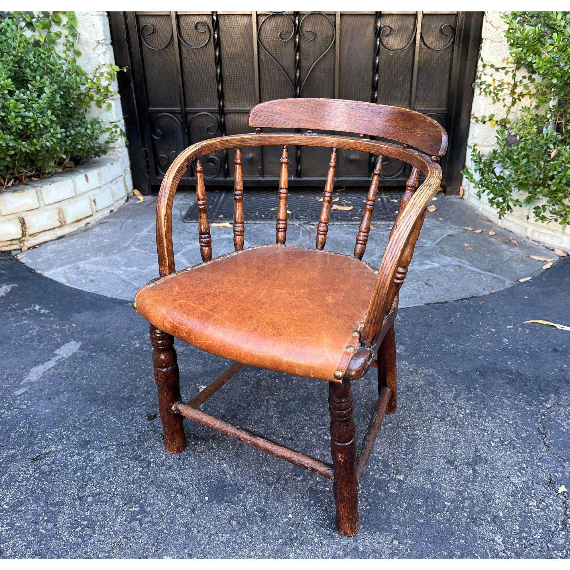 Antique Child’s Windsor barrel chair W leather seat. It is a very unusual example with a beautiful patina and genuine leather seat.

Additional information: 
Materials: Leather
Color: Brown
Period: 19th century
Styles: English