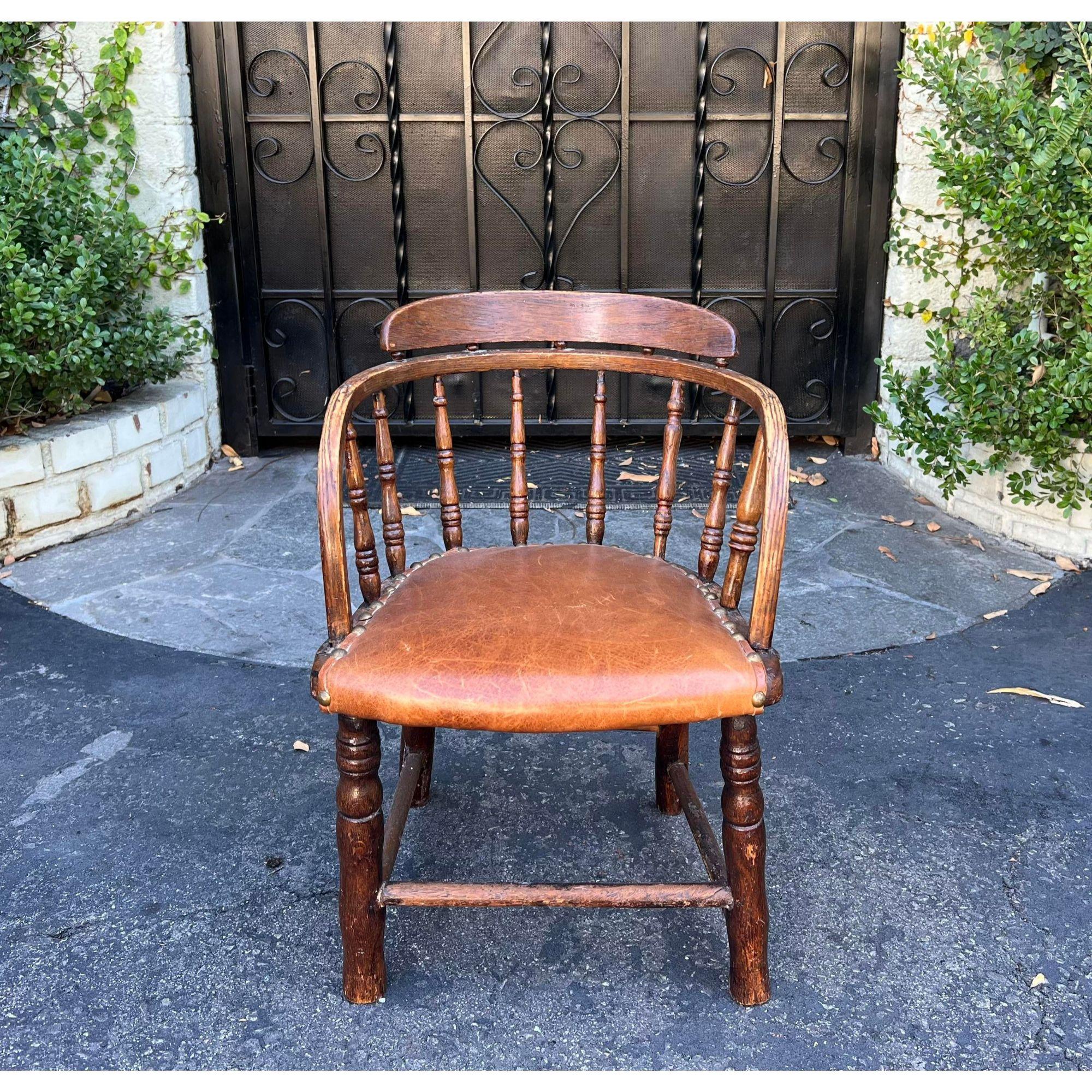 19th Century Antique Child’s Windsor Barrel Chair with Leather Seat For Sale