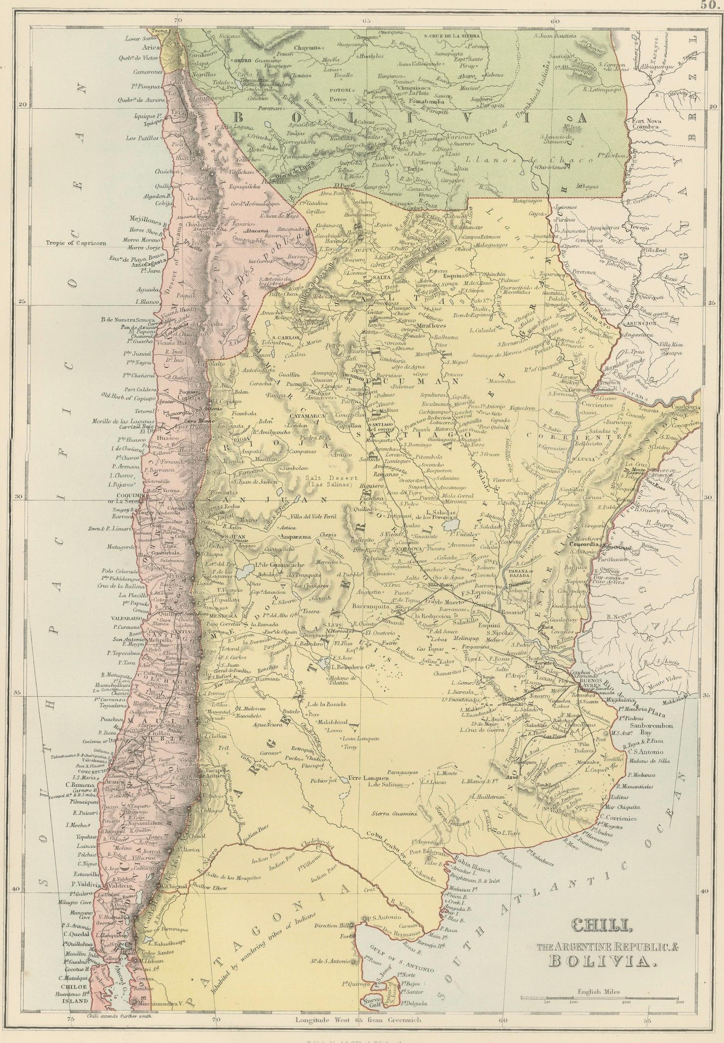 Antique Chile, Argentina & Bolivia Map, Patagonia, Bartholomew, 1884