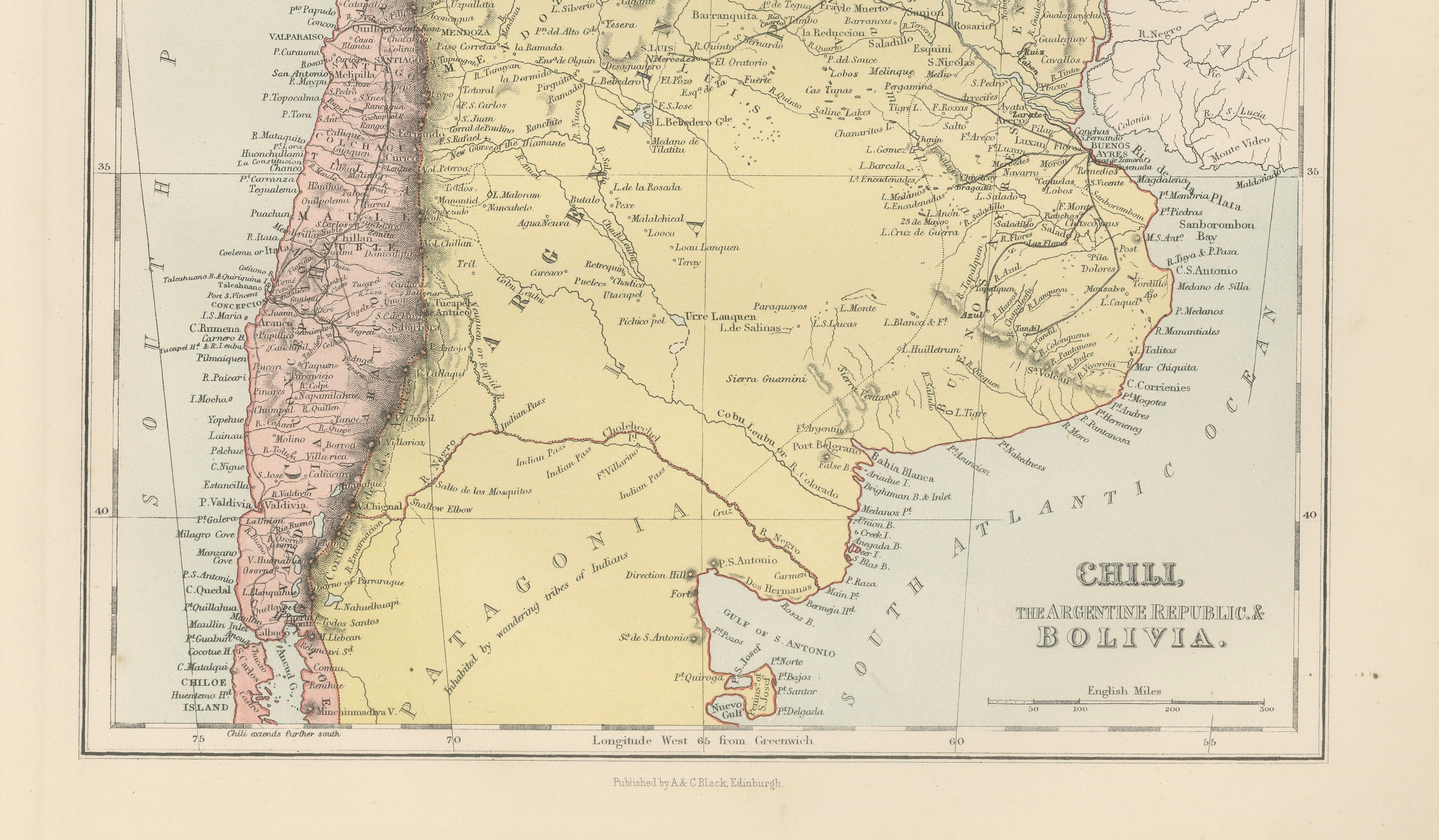 Antique Chile, Argentina & Bolivia Map, Patagonia, Bartholomew, 1884