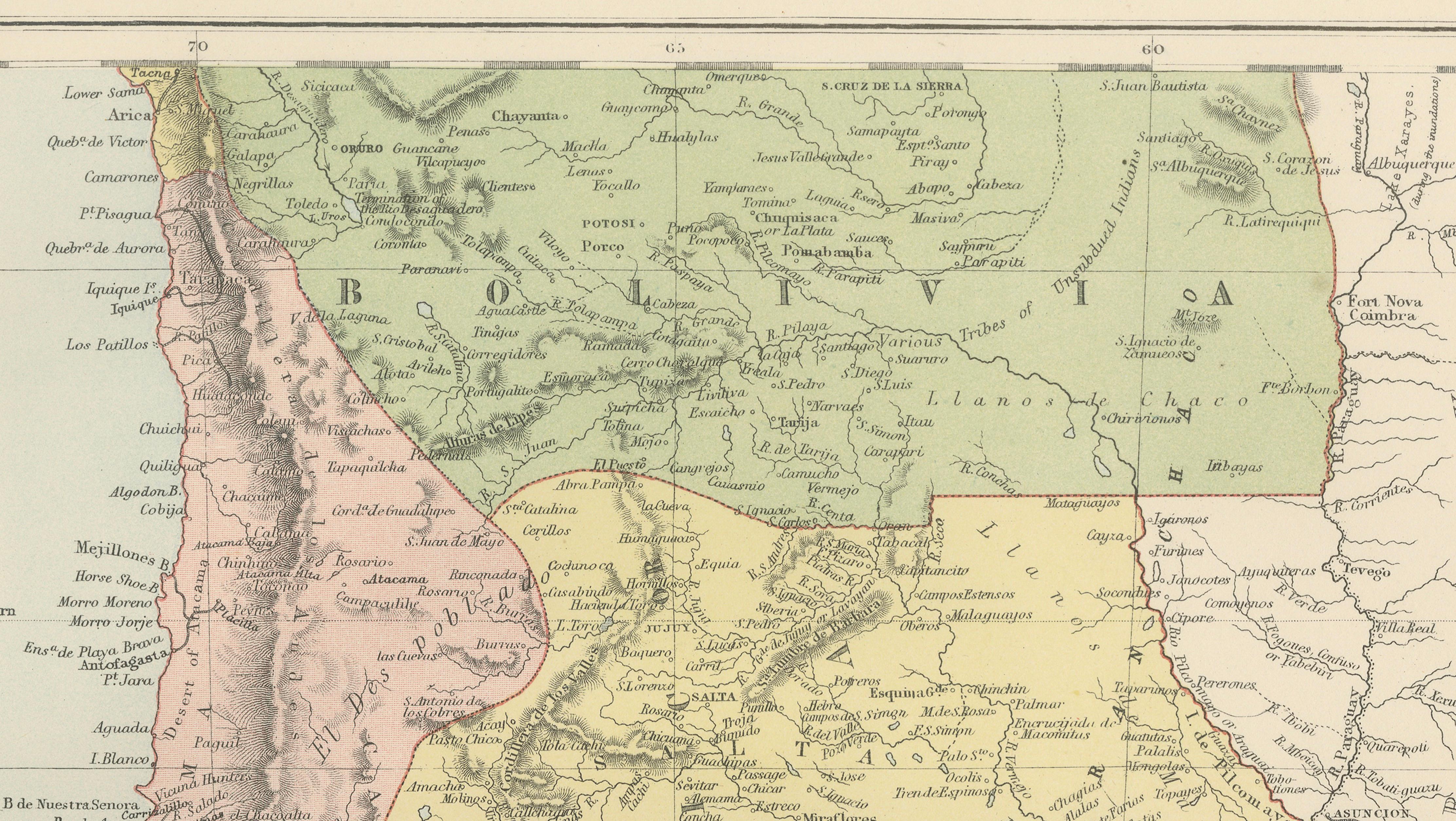 Antique Chile, Argentina & Bolivia Map, Patagonia, Bartholomew, 1884
