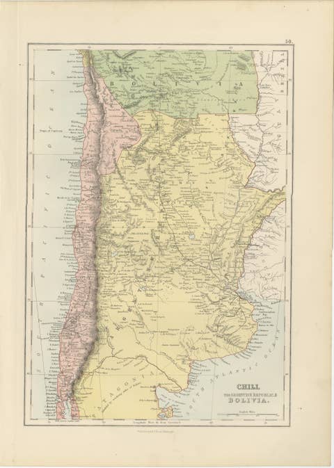 Antique Chile, Argentina & Bolivia Map, Patagonia, Bartholomew, 1884