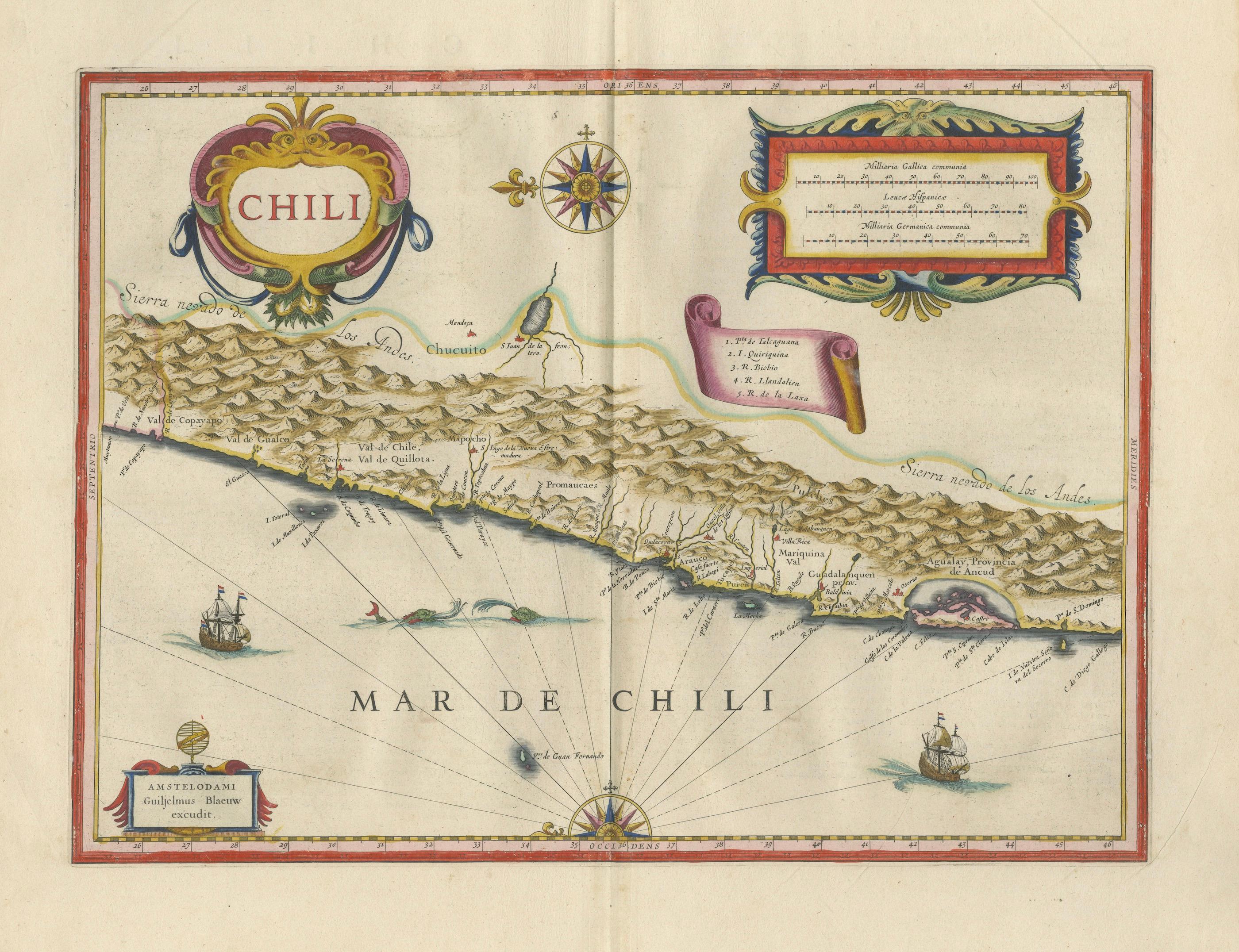 Antique Chile Map Blaeu c.1642 – Dramatic Andes & Pacific Panorama