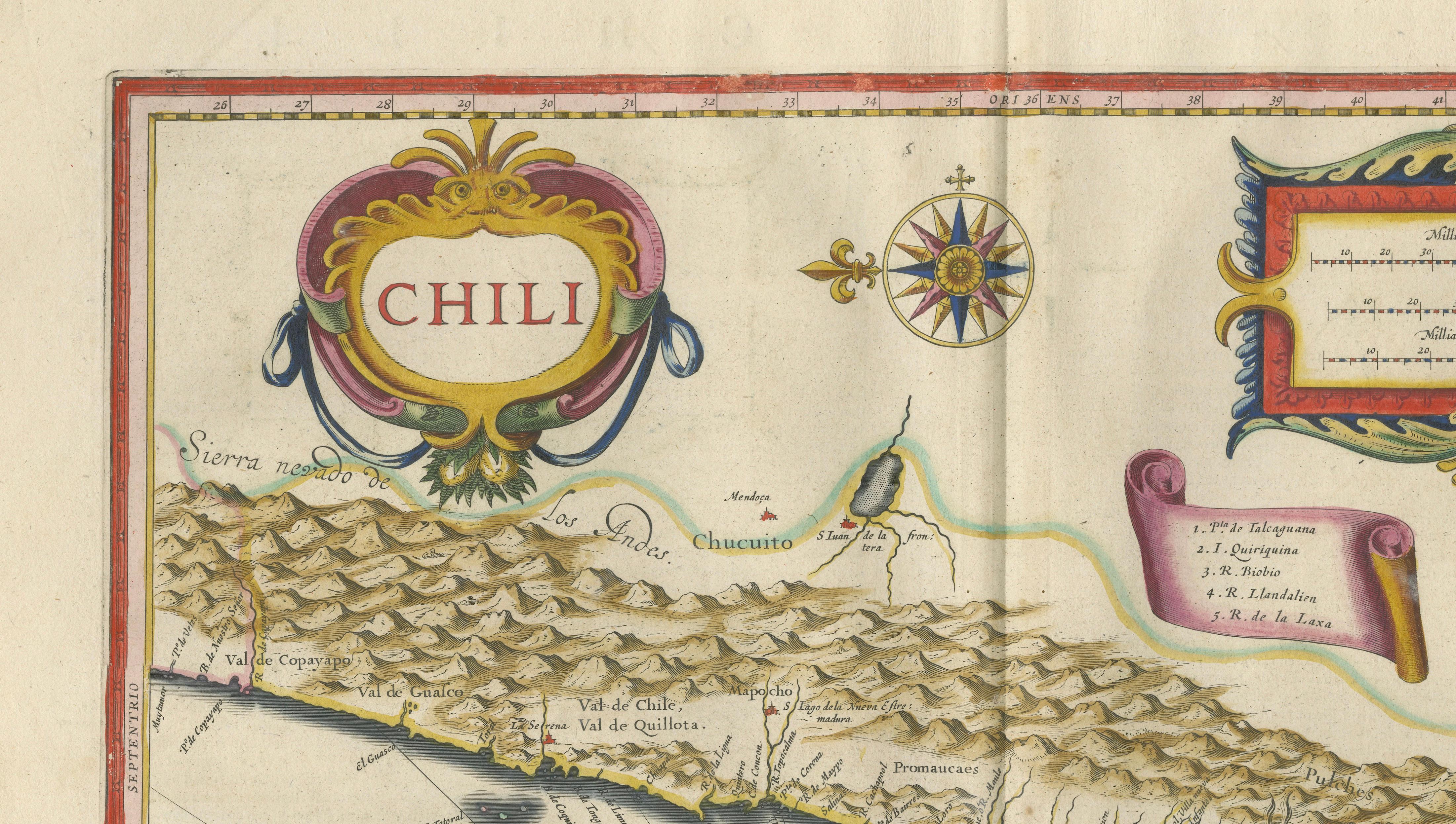 Antique Chile Map Blaeu c.1642 – Dramatic Andes & Pacific Panorama