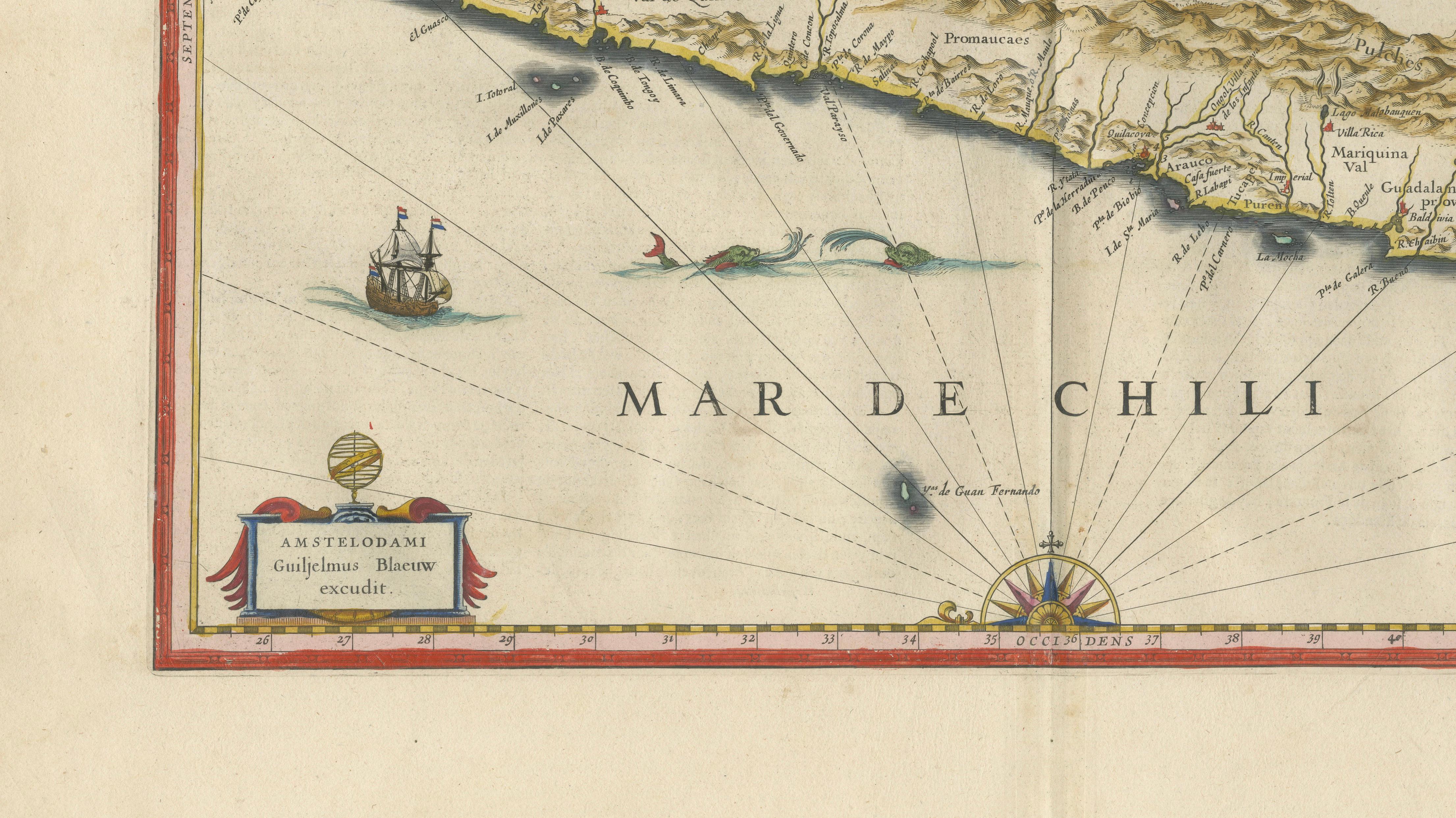 Antique Chile Map Blaeu c.1642 – Dramatic Andes & Pacific Panorama
