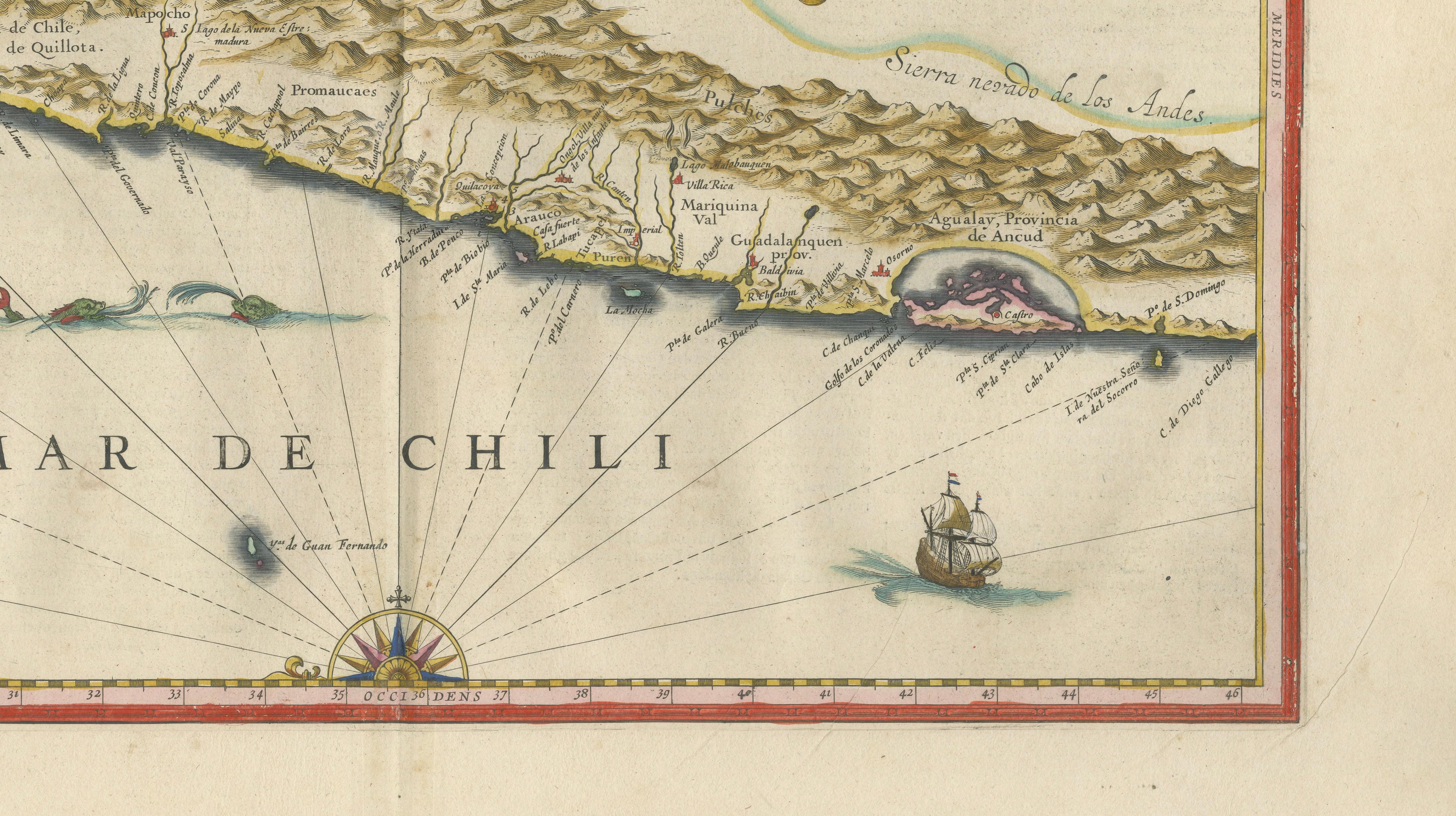 Antique Chile Map Blaeu c.1642 – Dramatic Andes & Pacific Panorama