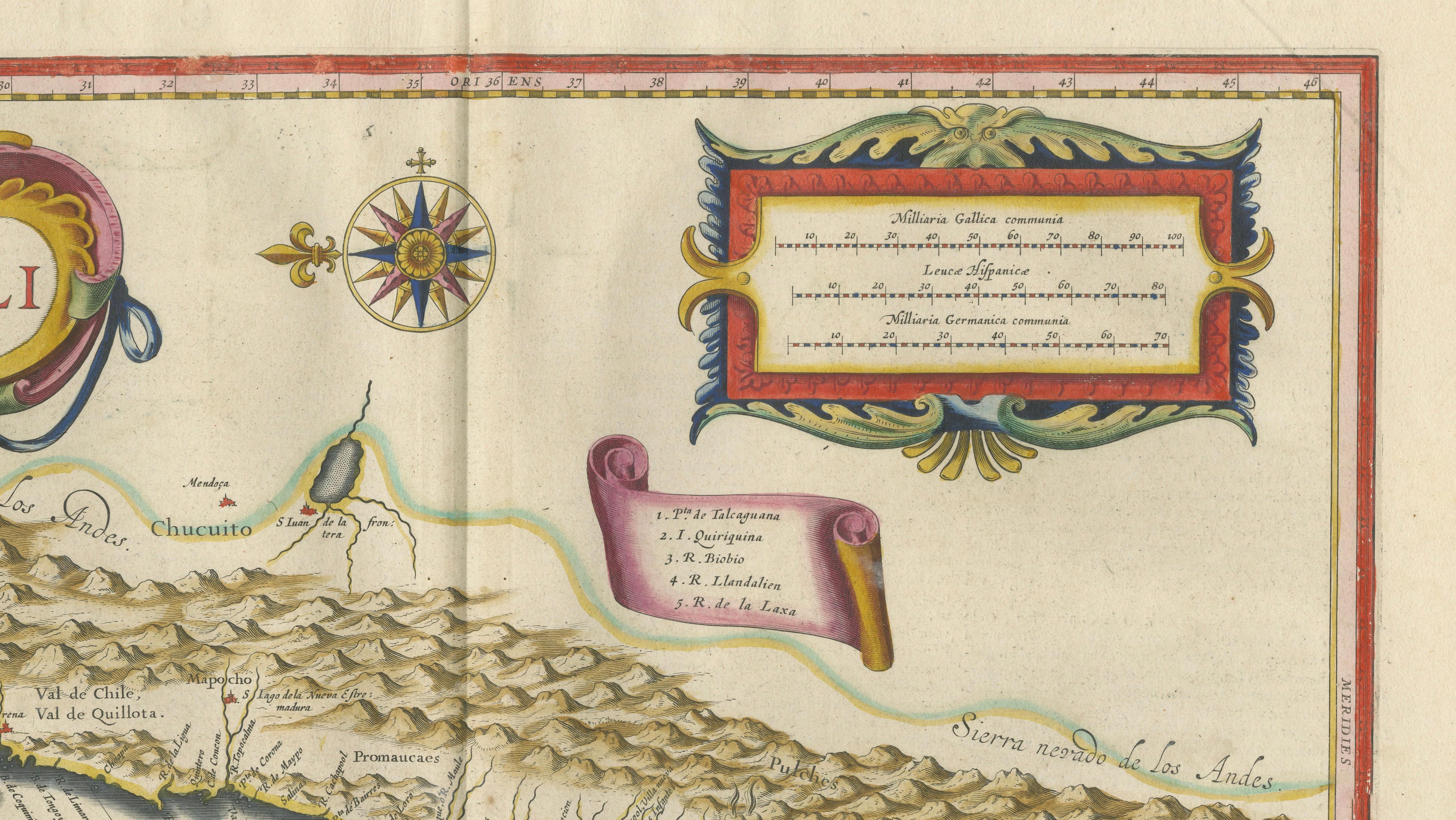 Antique Chile Map Blaeu c.1642 – Dramatic Andes & Pacific Panorama