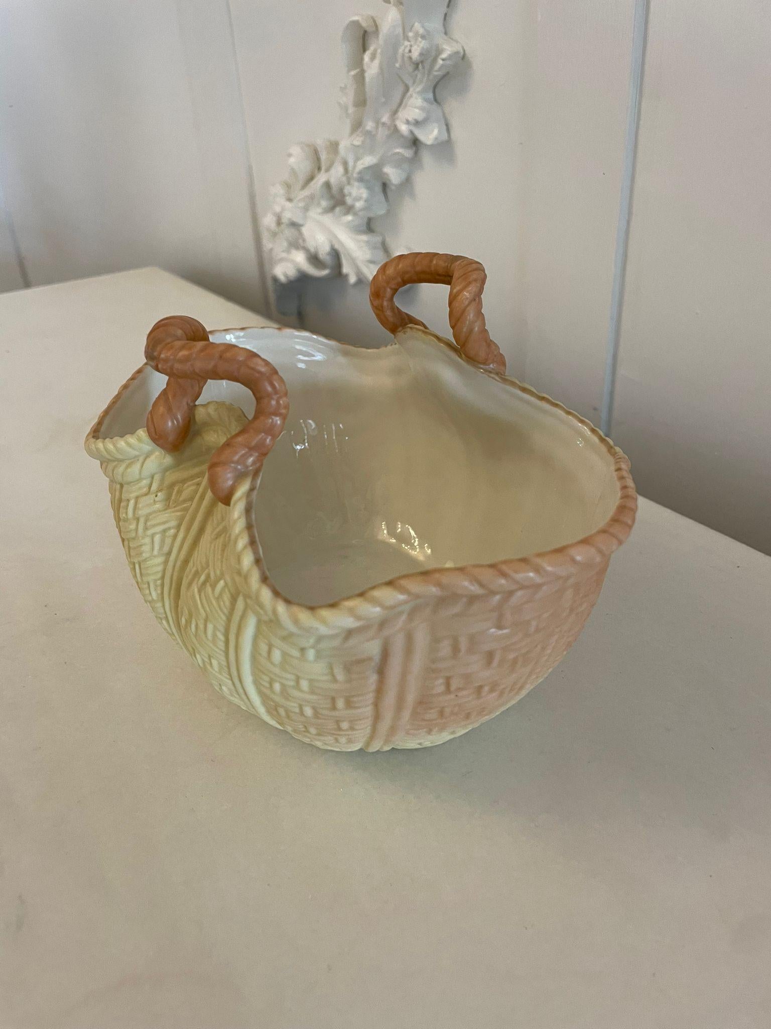 Antique China blush ivory basket by Locke & Co of Worcester having an unusual attractive shape with pretty colours and in perfect condition

A quaint decorative piece of desirable proportions

Dimensions
H 12.5 x W 20 x D 13cm

Dated 1850.
 