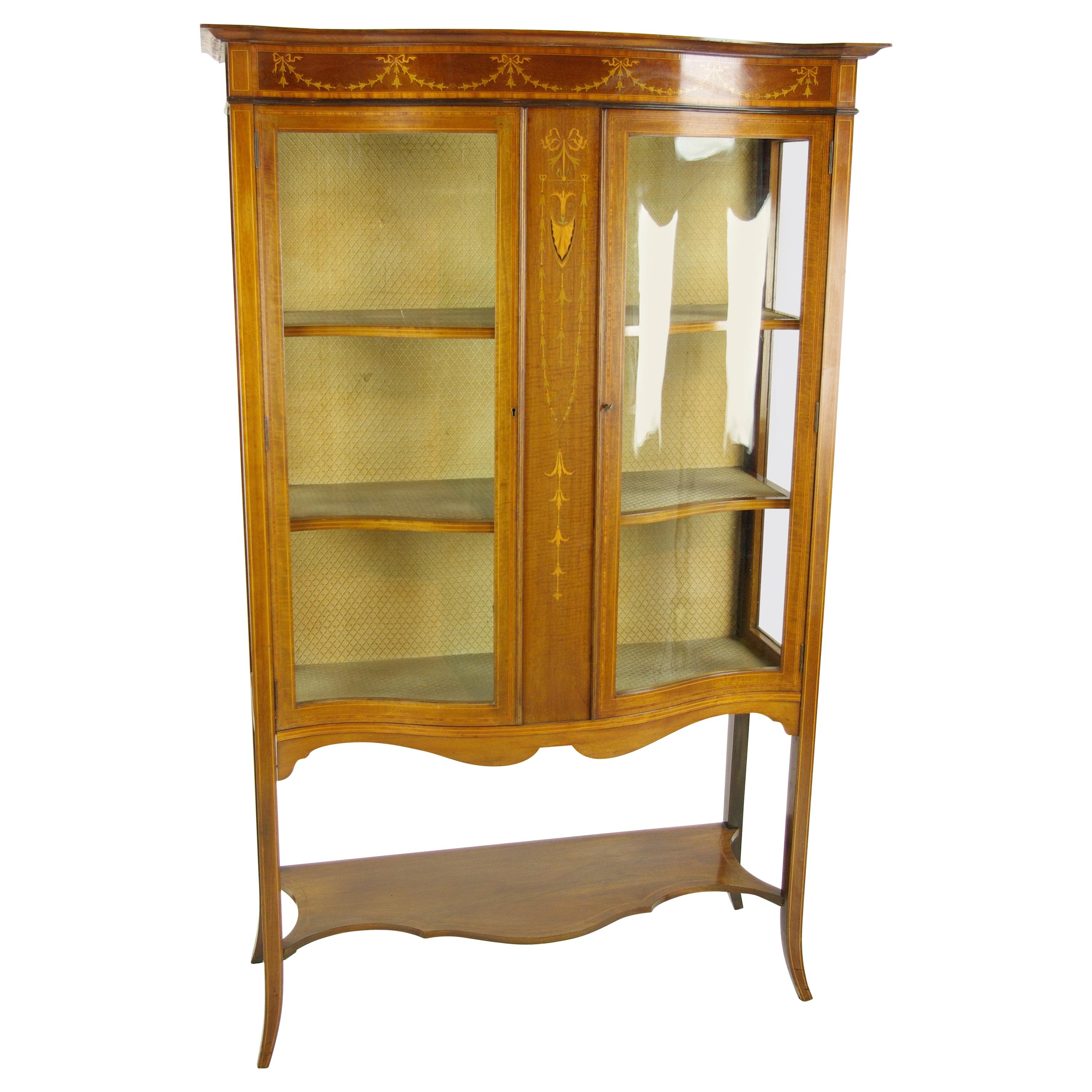 Antique China Cabinet, Walnut, Bow Front Cabinet, Curio Cabinet, 1910