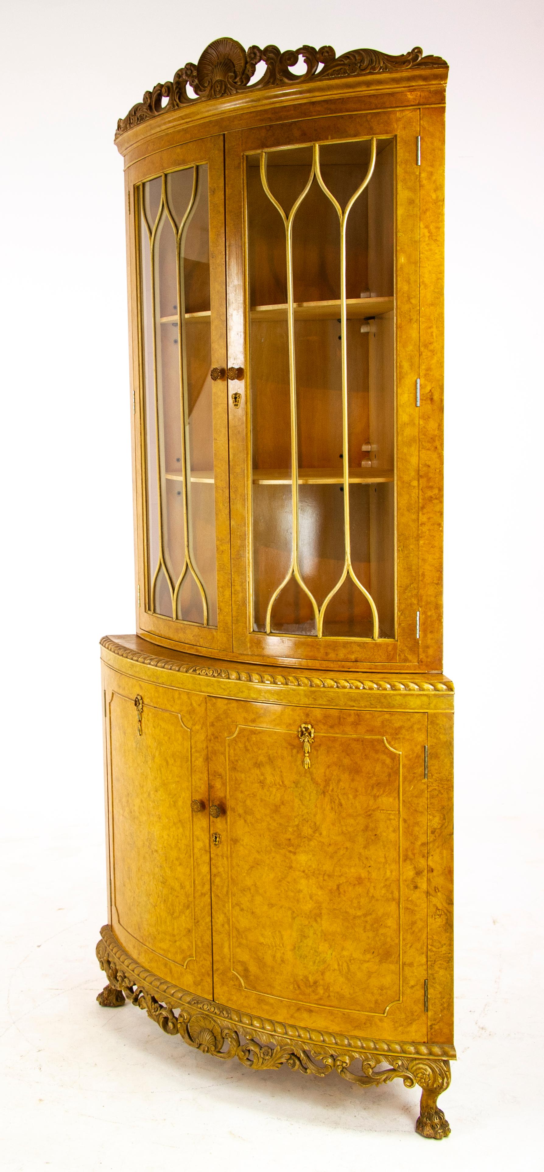 Hand-Crafted Antique China Cabinet, Walnut, Bow Front, Curio Cabinet, Scotland, 1930, B1176