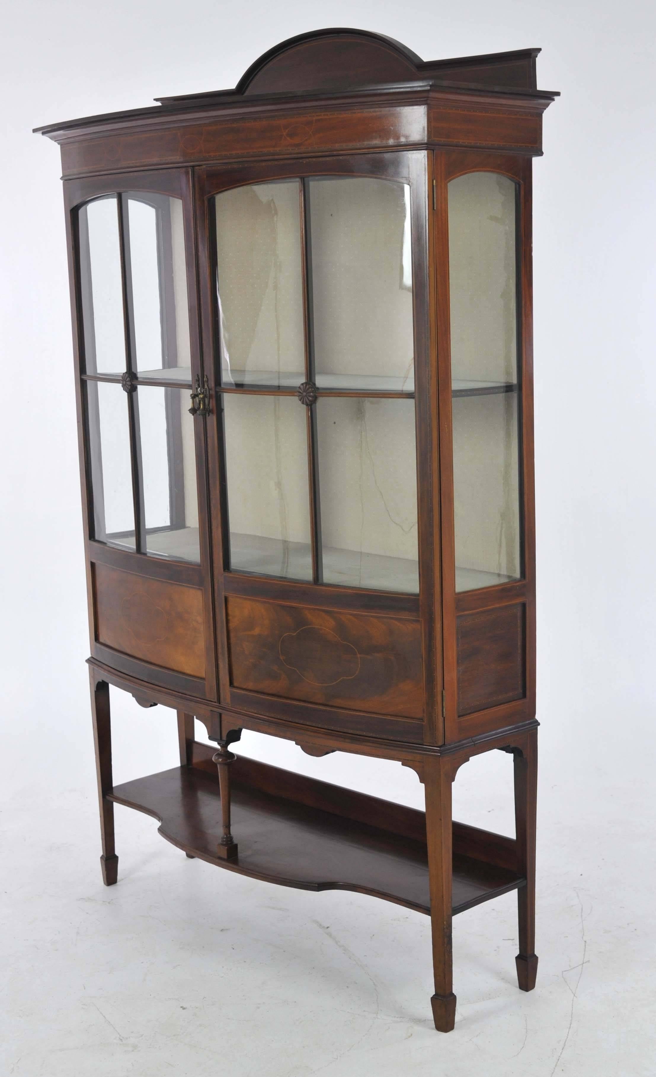 Hand-Crafted Antique China Cabinet, Inlaid Walnut, Bow Front Cabinet, Scotland, 1910
