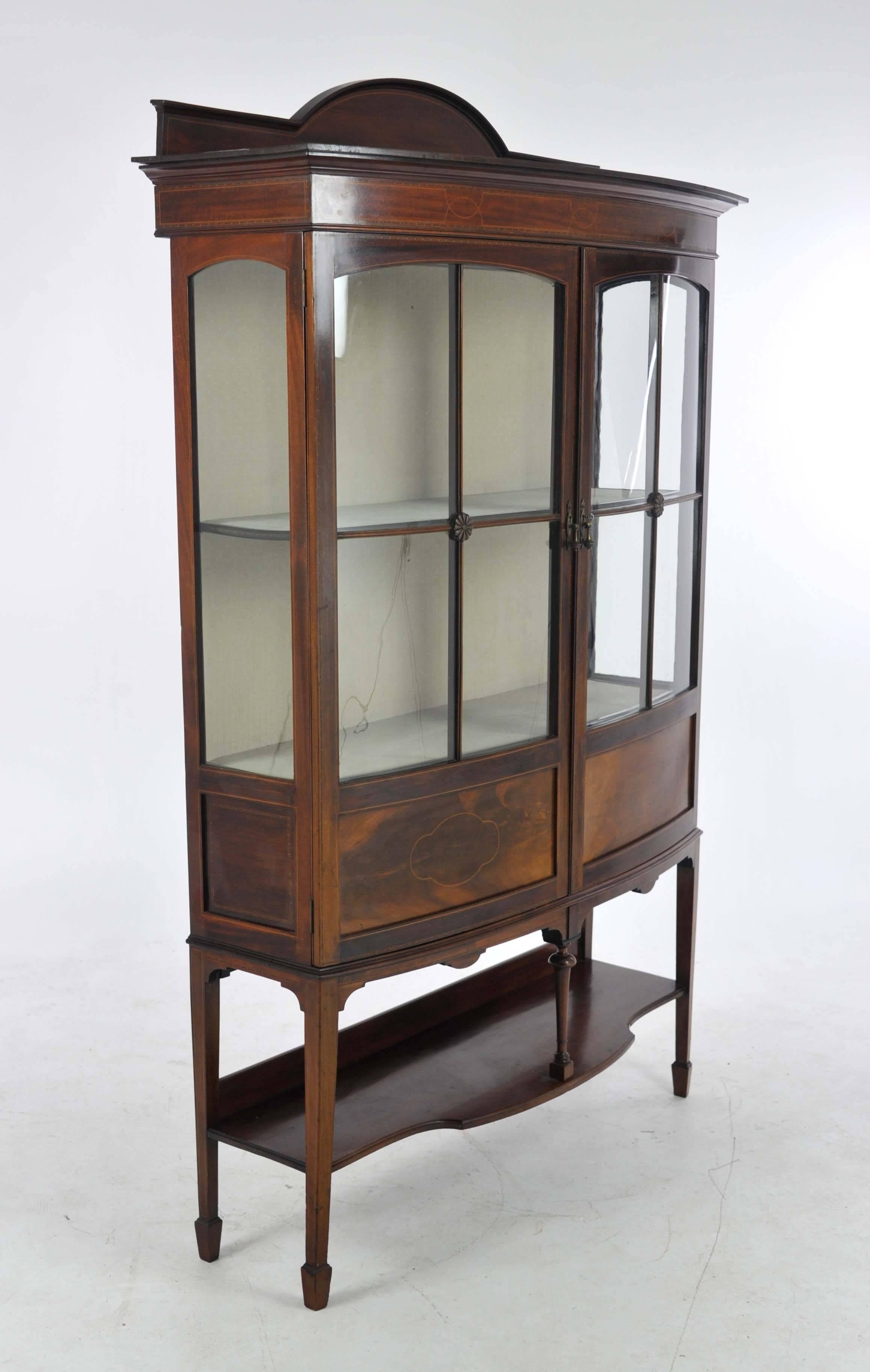 Early 20th Century Antique China Cabinet, Inlaid Walnut, Bow Front Cabinet, Scotland, 1910