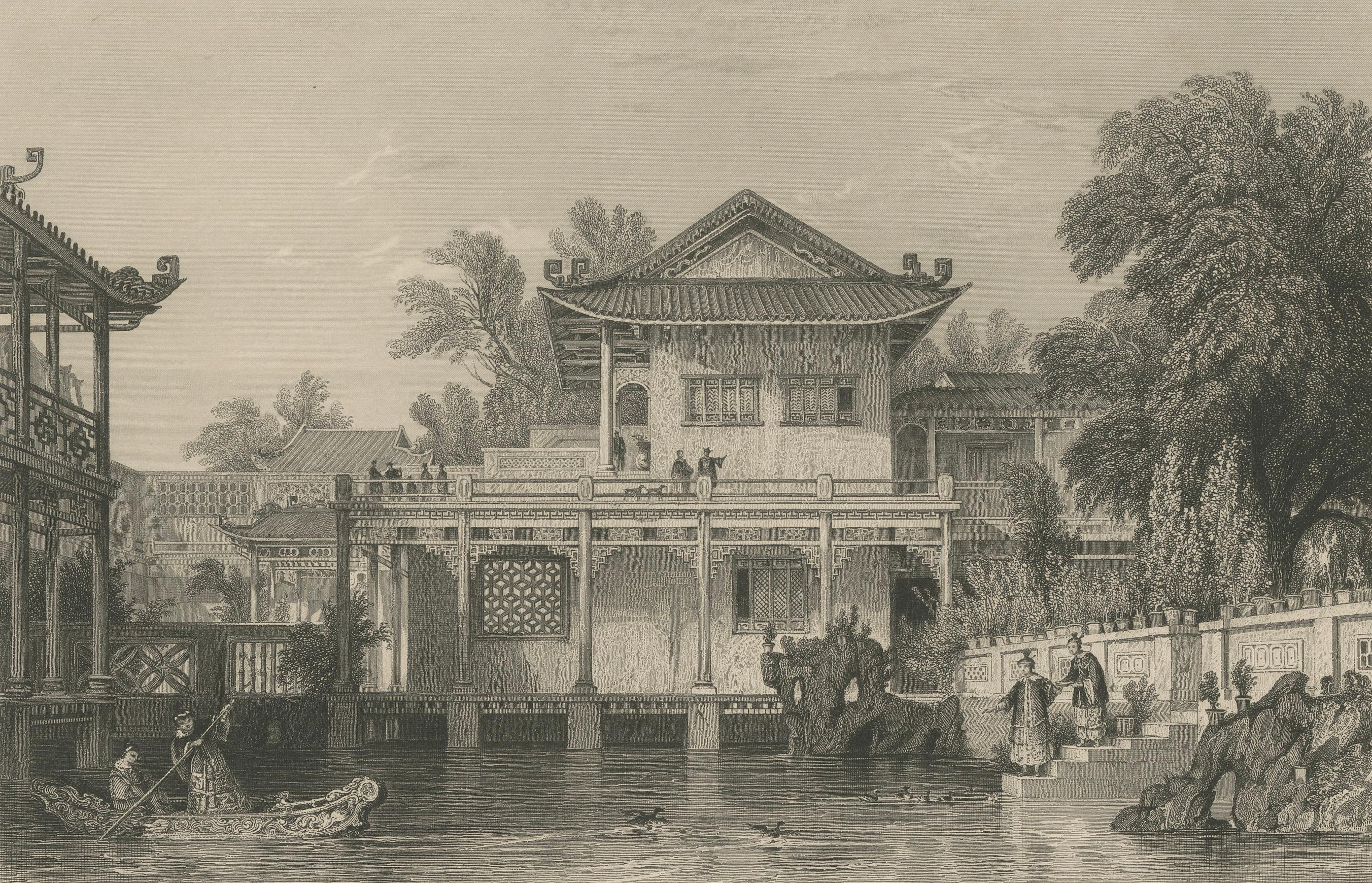 Antique China Consequa House Canton Print – Thomas Allom Steel Engraving 1843