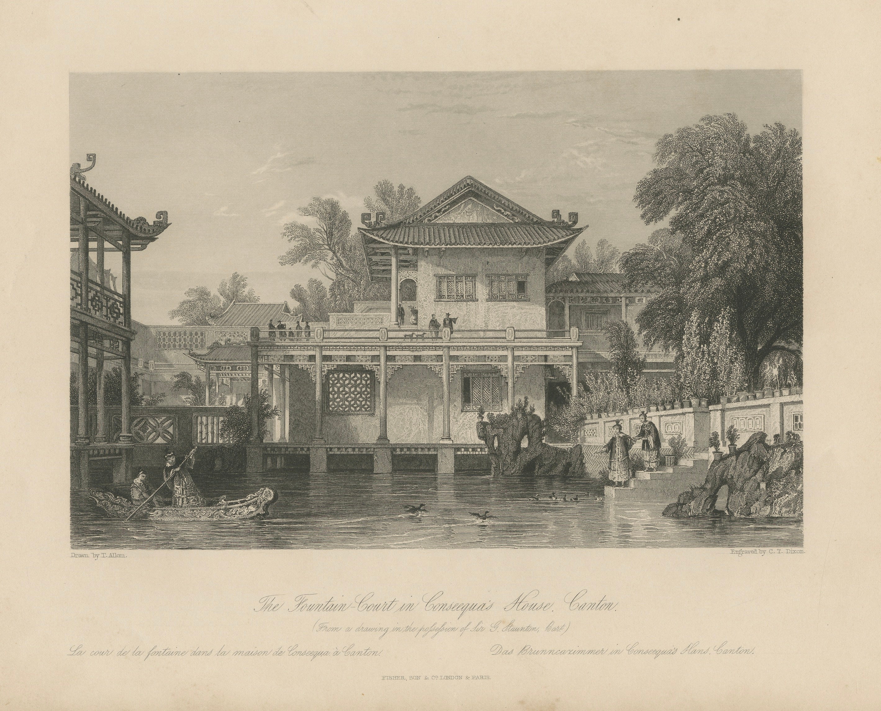 Antique China Consequa House Canton Print – Thomas Allom Steel Engraving 1843