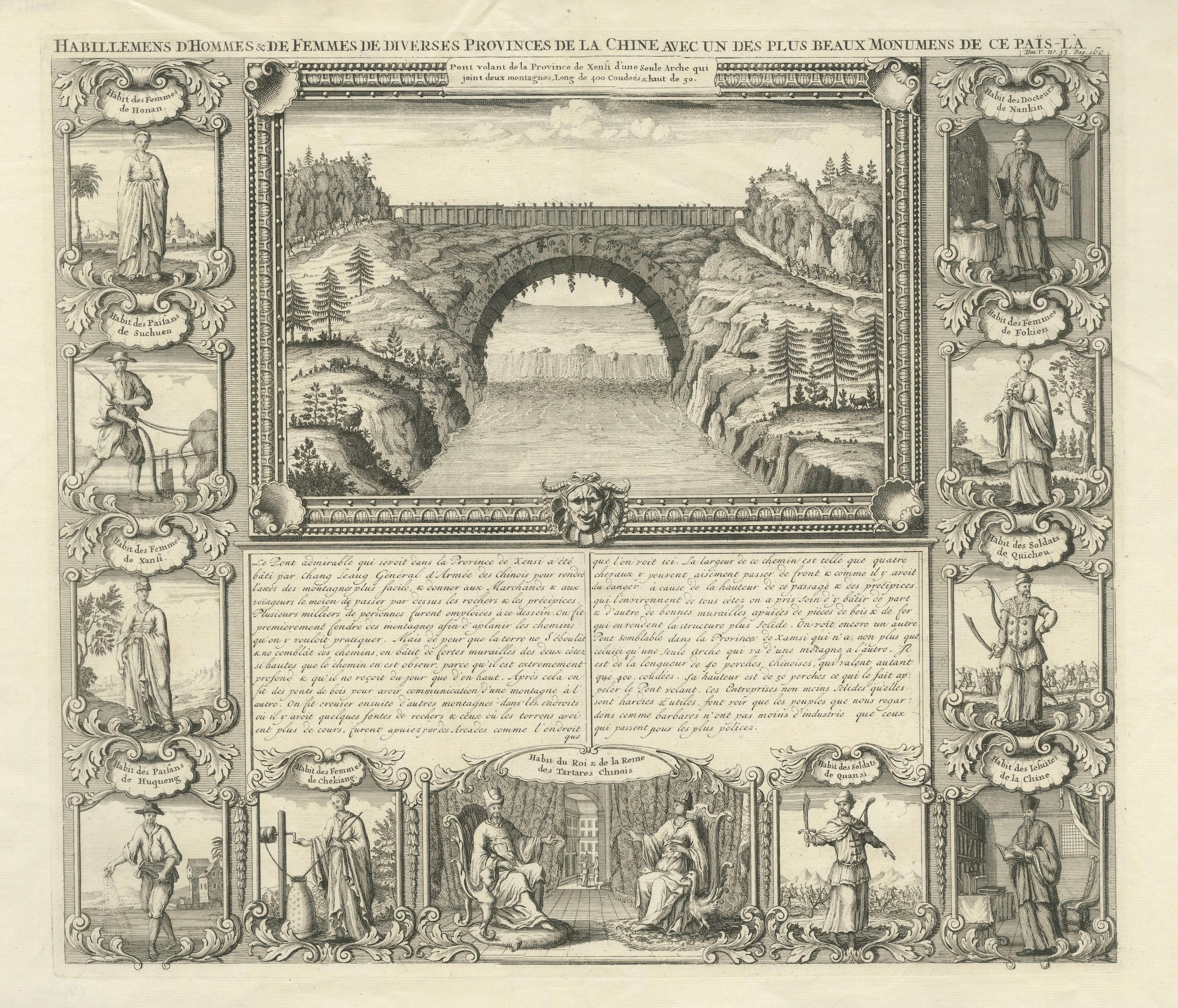Antique China Costume & Xensi Bridge Engraving, Chatelain, 1719