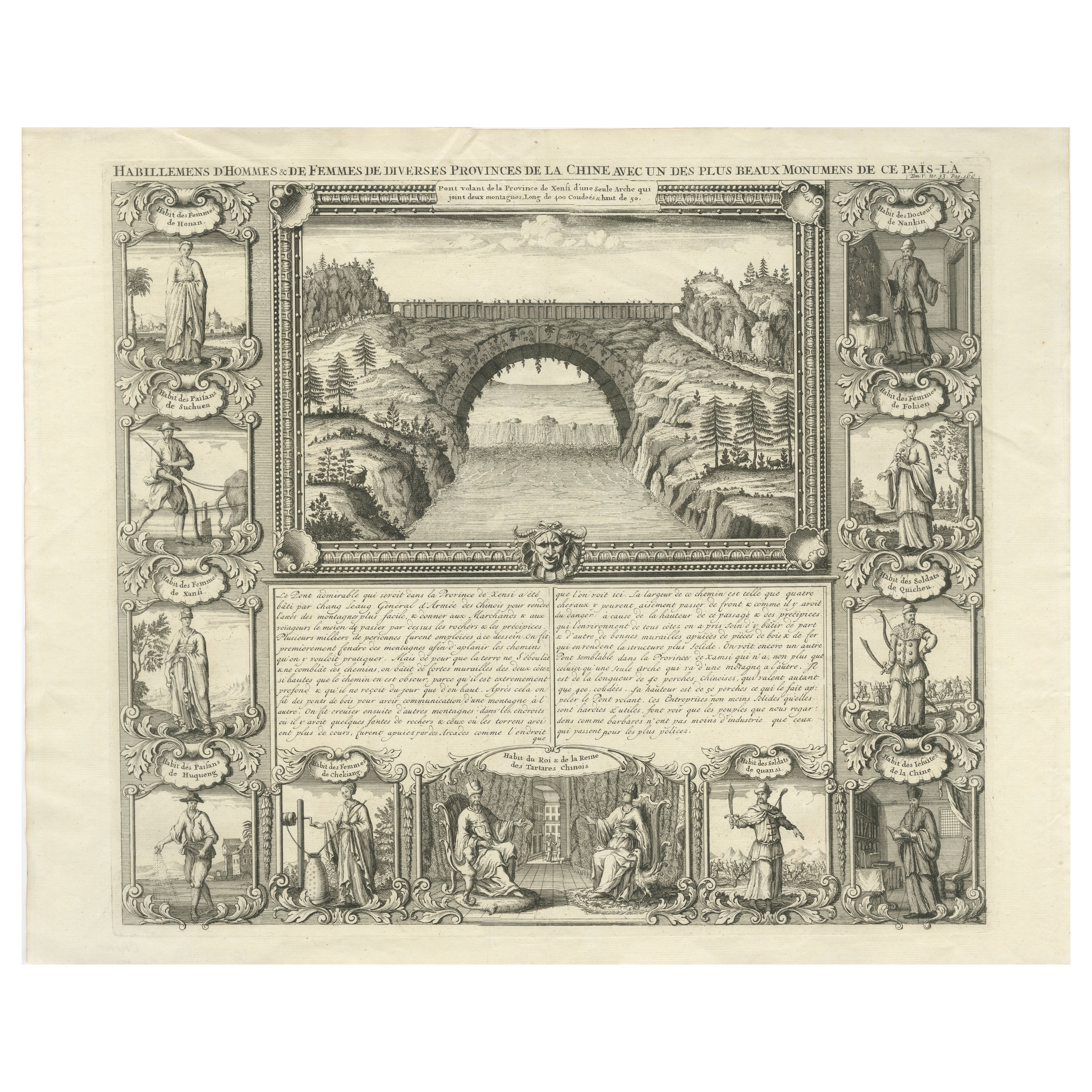 Antique China Costume & Xensi Bridge Engraving, Chatelain, 1719 For Sale