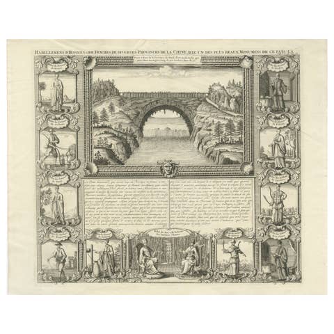Antique China Costume & Xensi Bridge Engraving, Chatelain, 1719