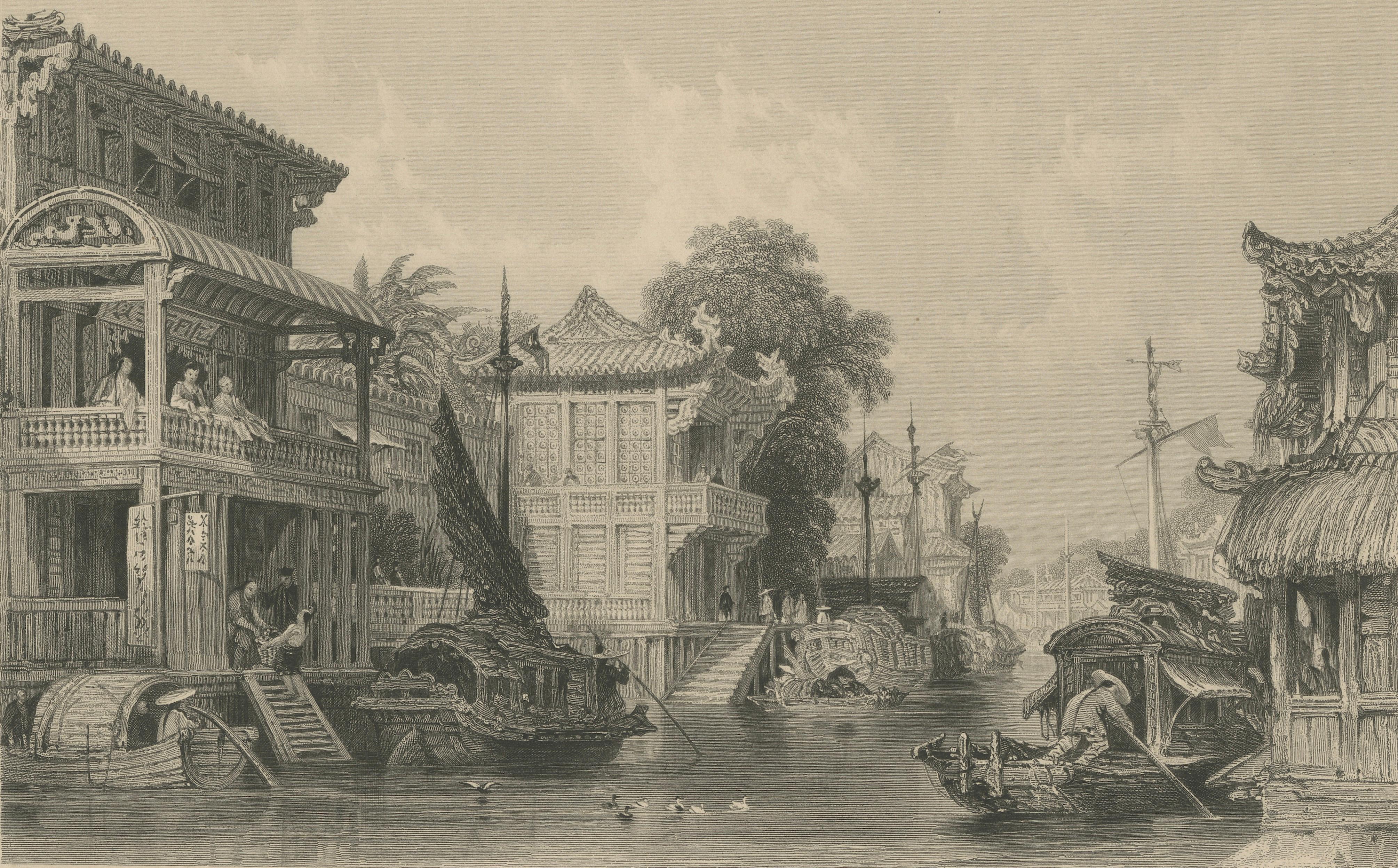 Antique China Honan Canal Canton Print – Thomas Allom Steel Engraving, 1843