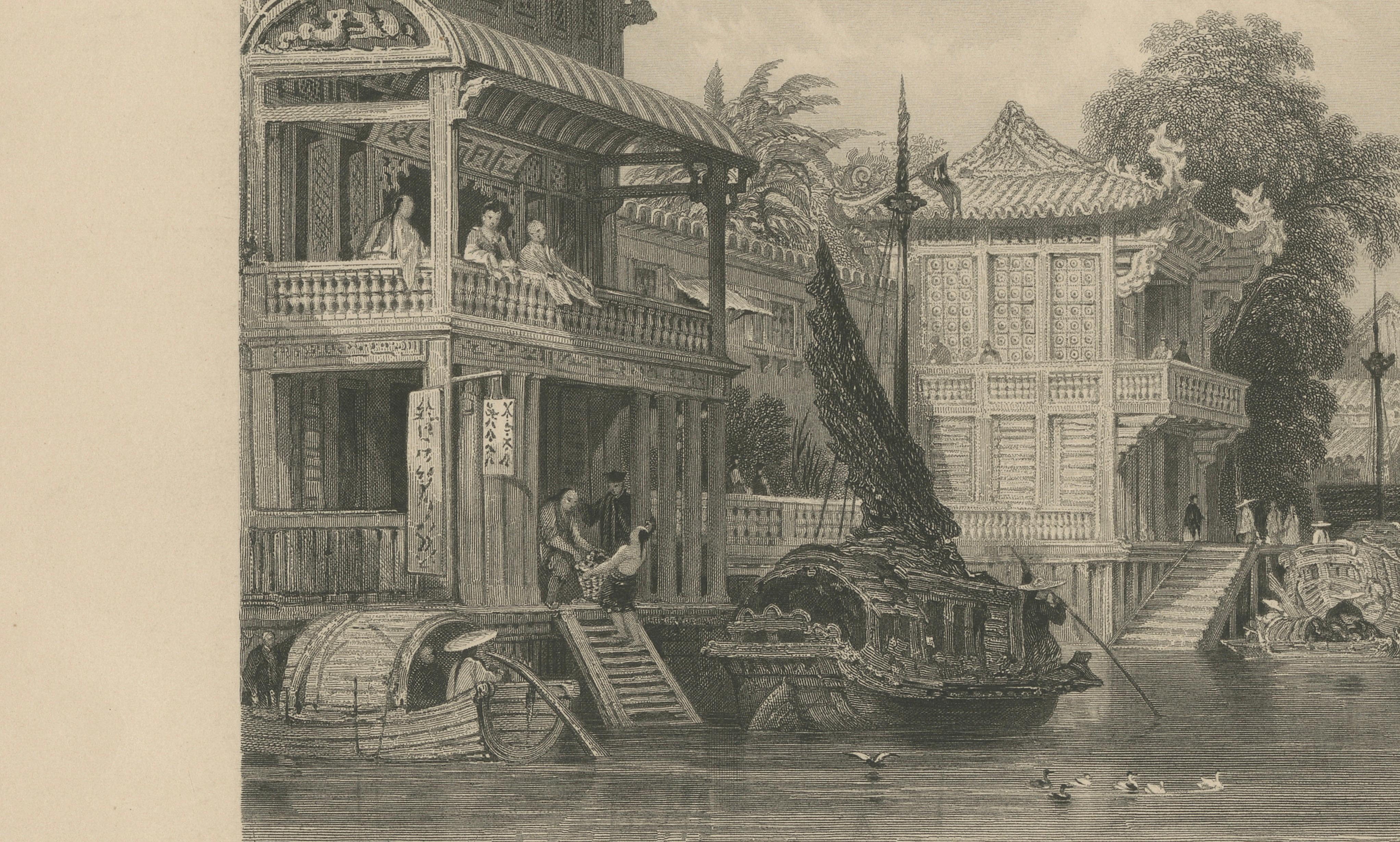 Antique China Honan Canal Canton Print – Thomas Allom Steel Engraving, 1843