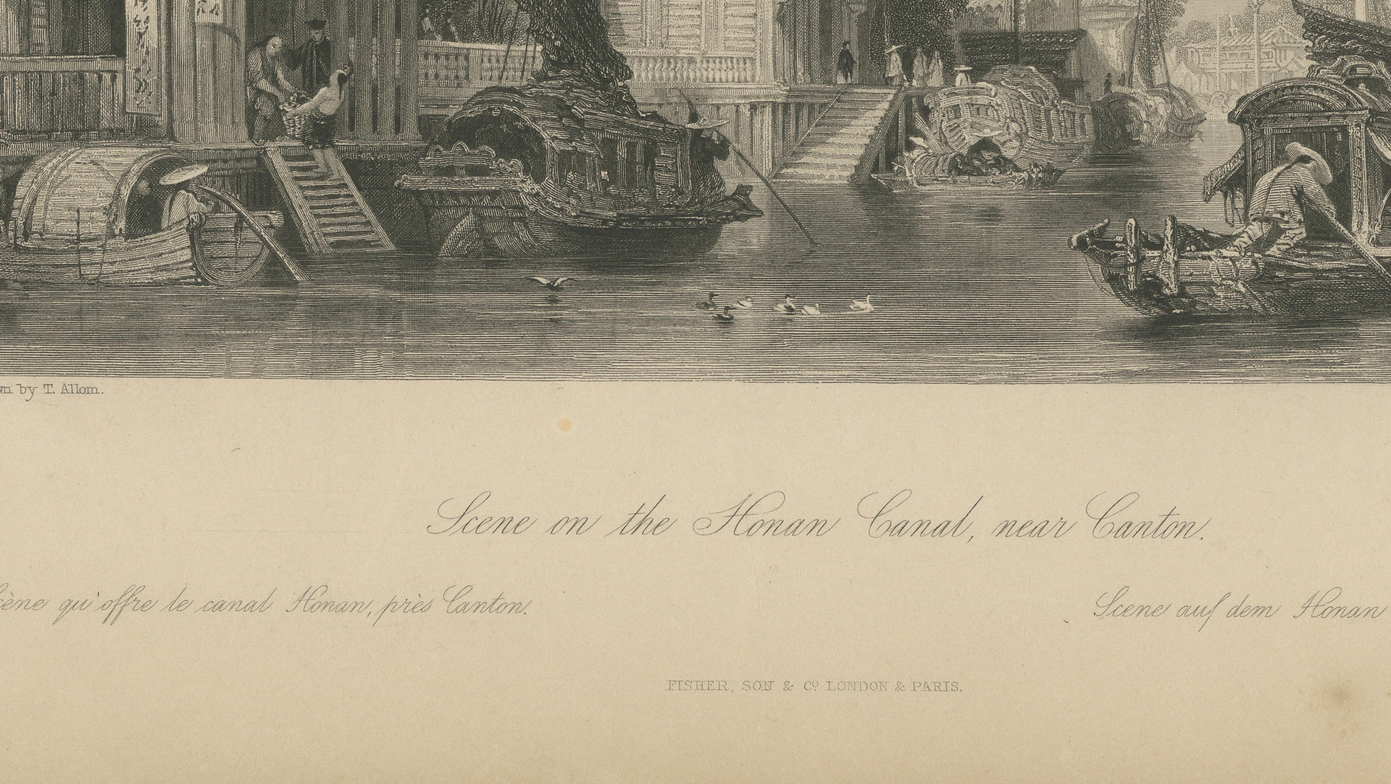 Antique China Honan Canal Canton Print – Thomas Allom Steel Engraving, 1843