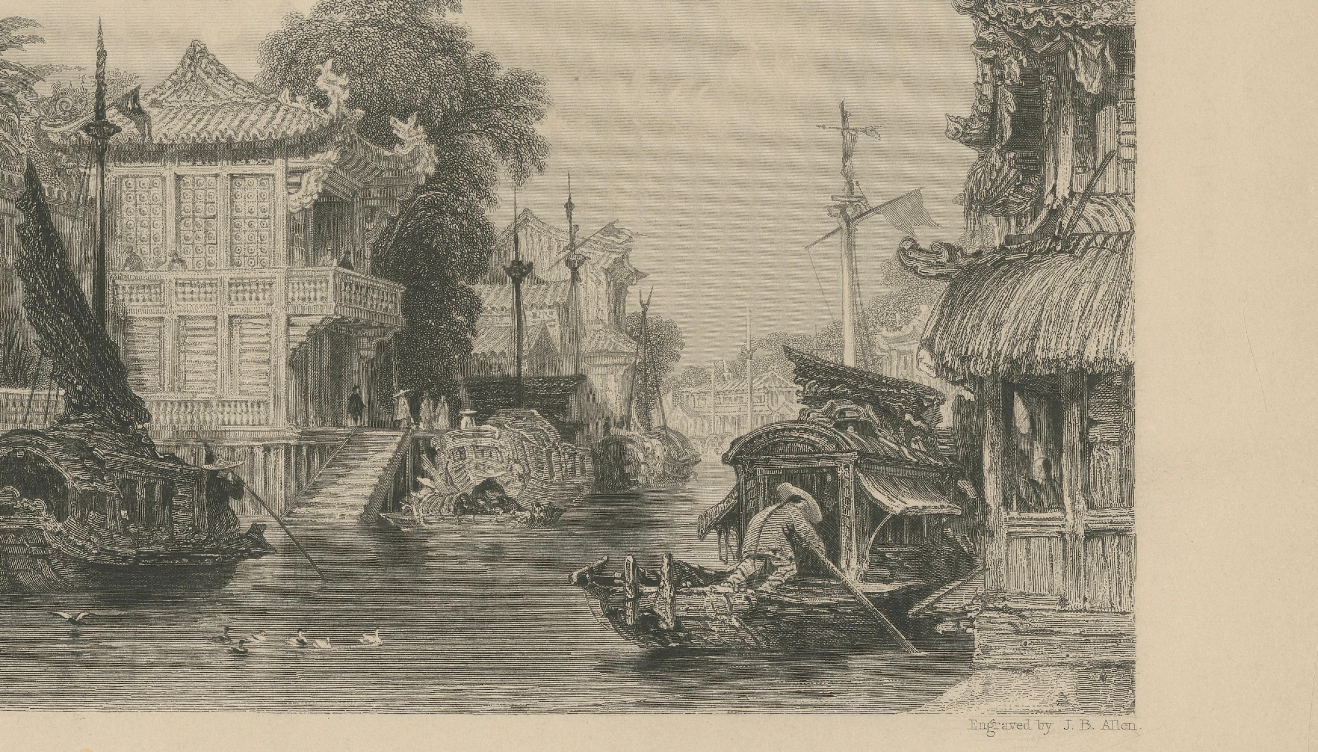 Antique China Honan Canal Canton Print – Thomas Allom Steel Engraving, 1843