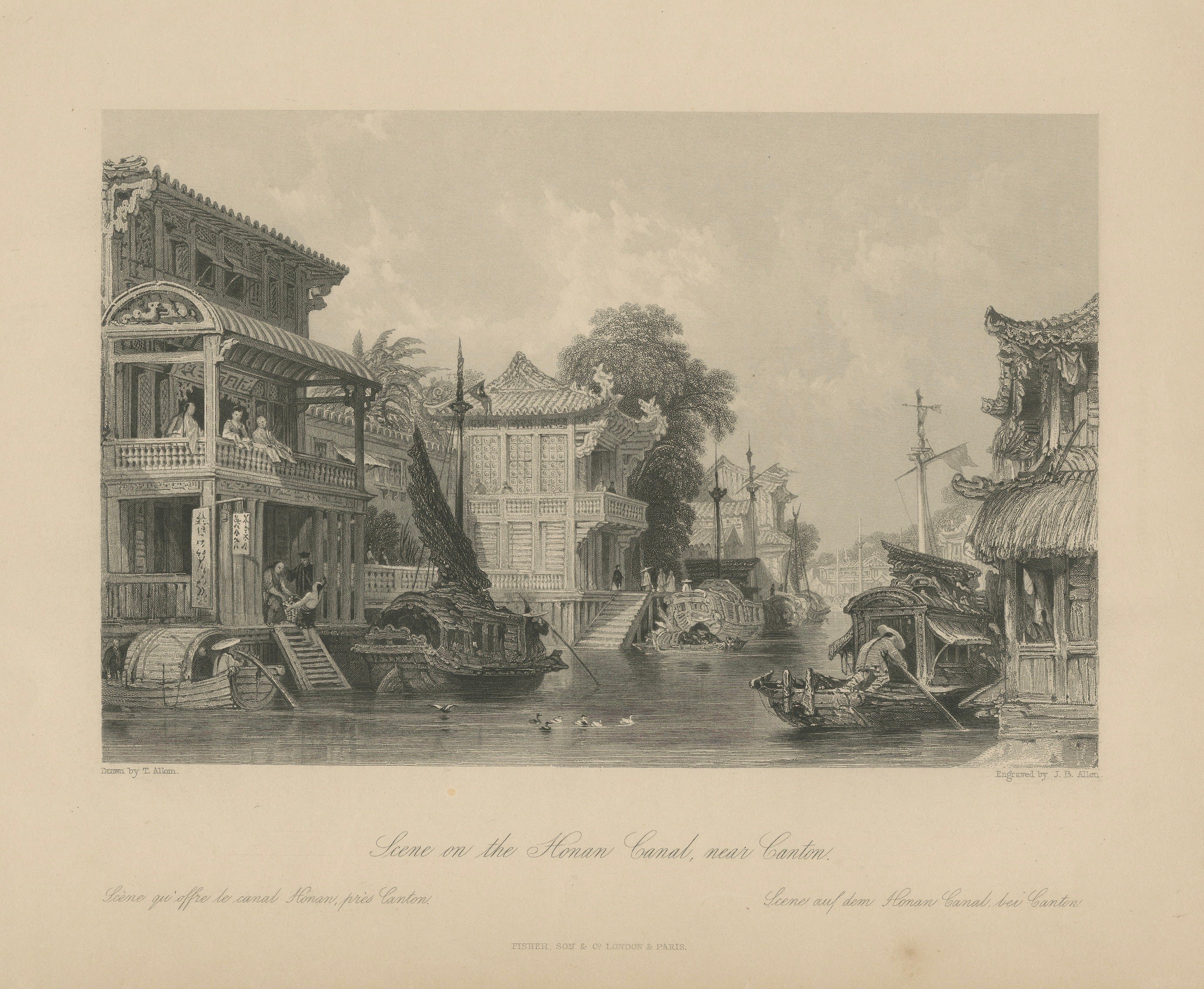 Antique China Honan Canal Canton Print – Thomas Allom Steel Engraving, 1843