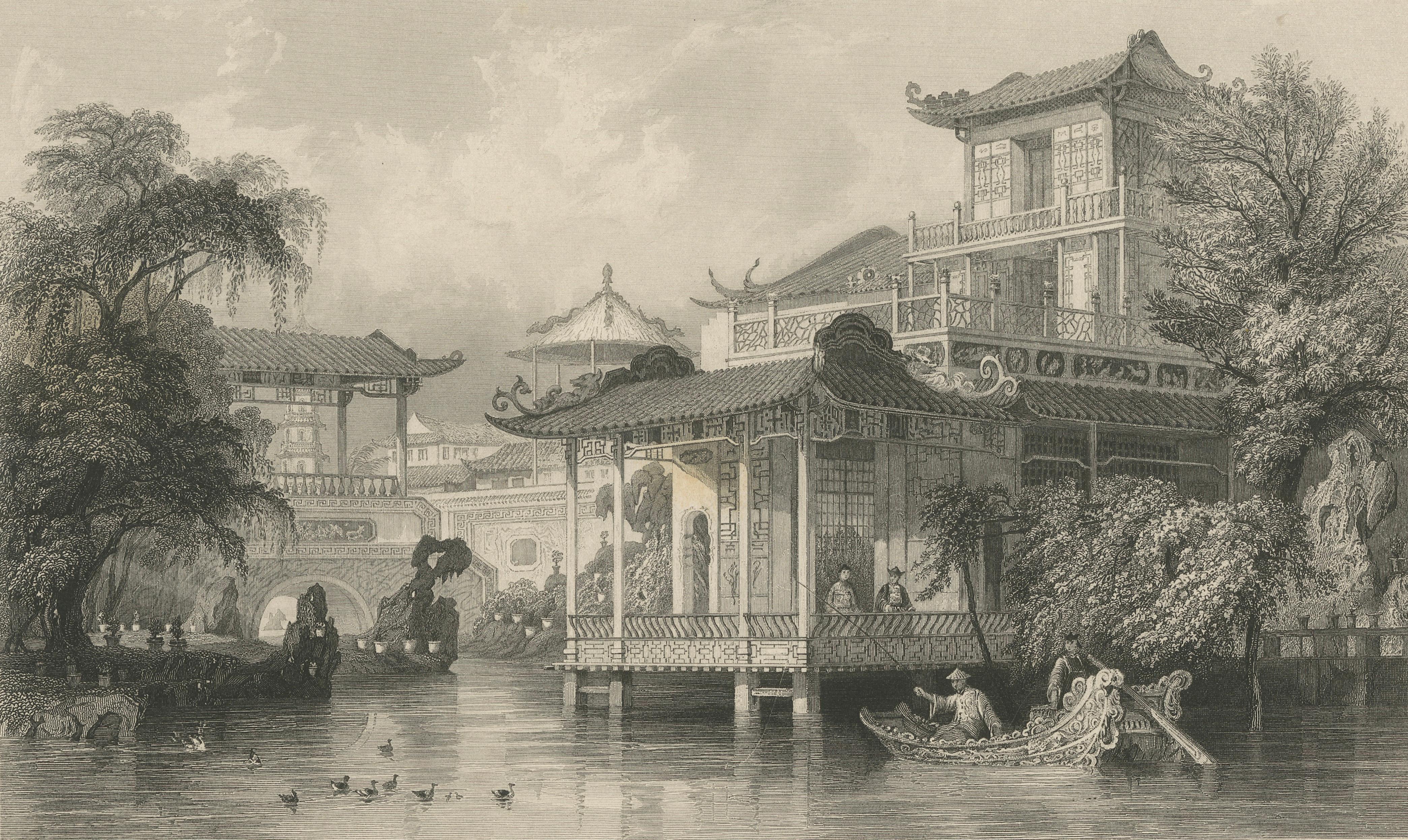 Antique China Merchant House Canton Print – Thomas Allom Steel Engraving, 1843