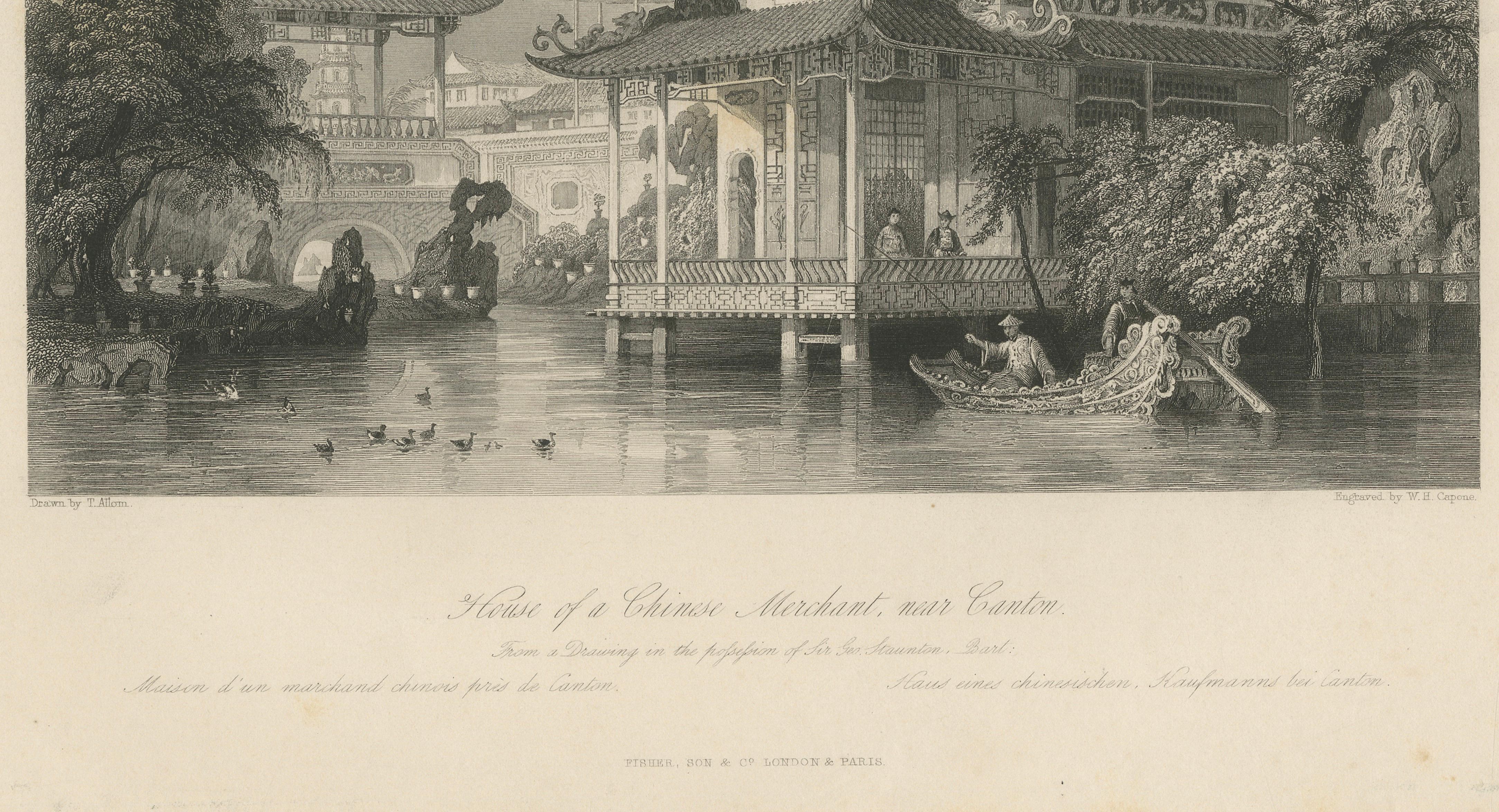 Antique China Merchant House Canton Print – Thomas Allom Steel Engraving, 1843