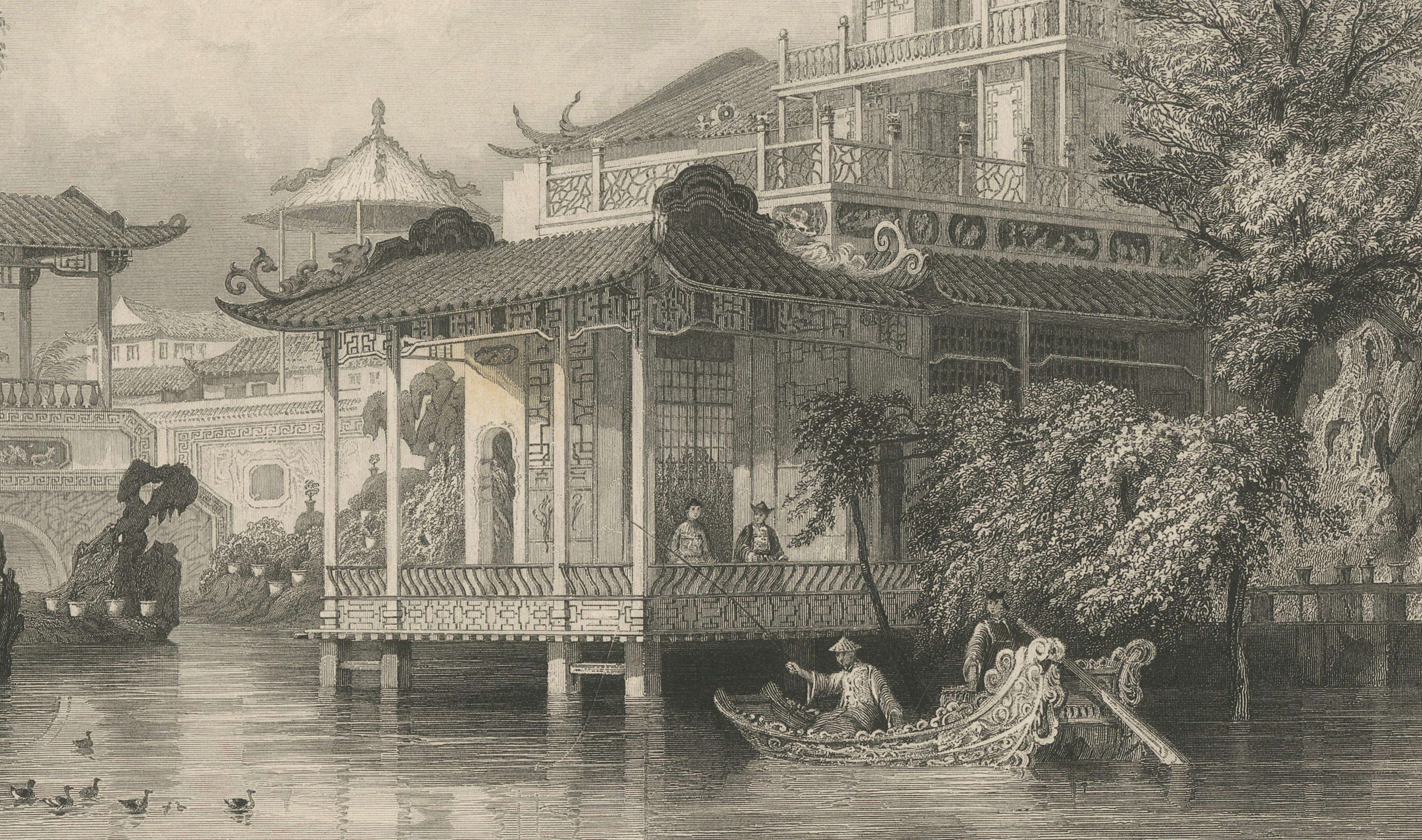 Antique China Merchant House Canton Print – Thomas Allom Steel Engraving, 1843
