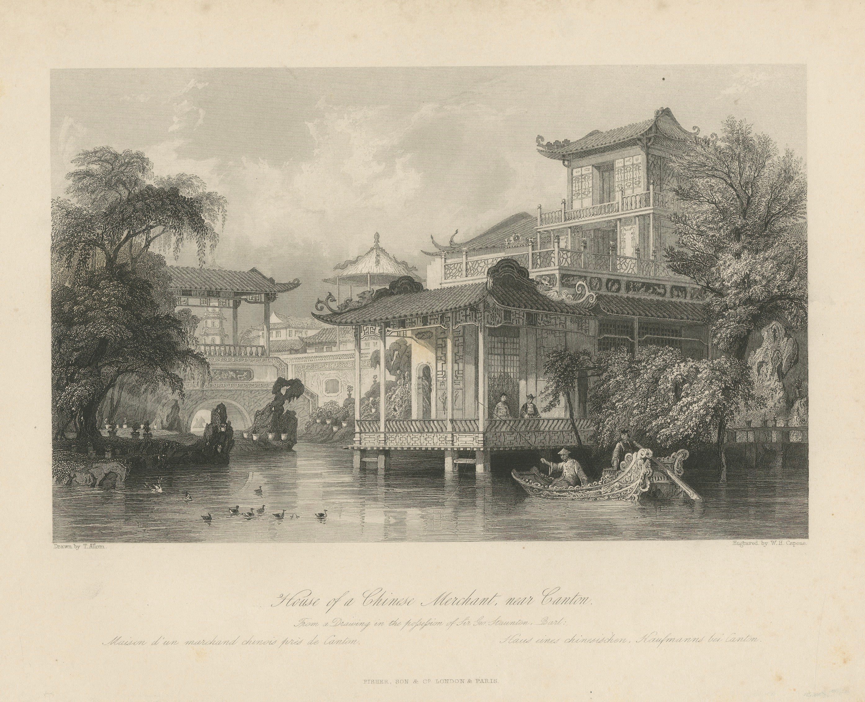 Antique China Merchant House Canton Print – Thomas Allom Steel Engraving, 1843 For Sale