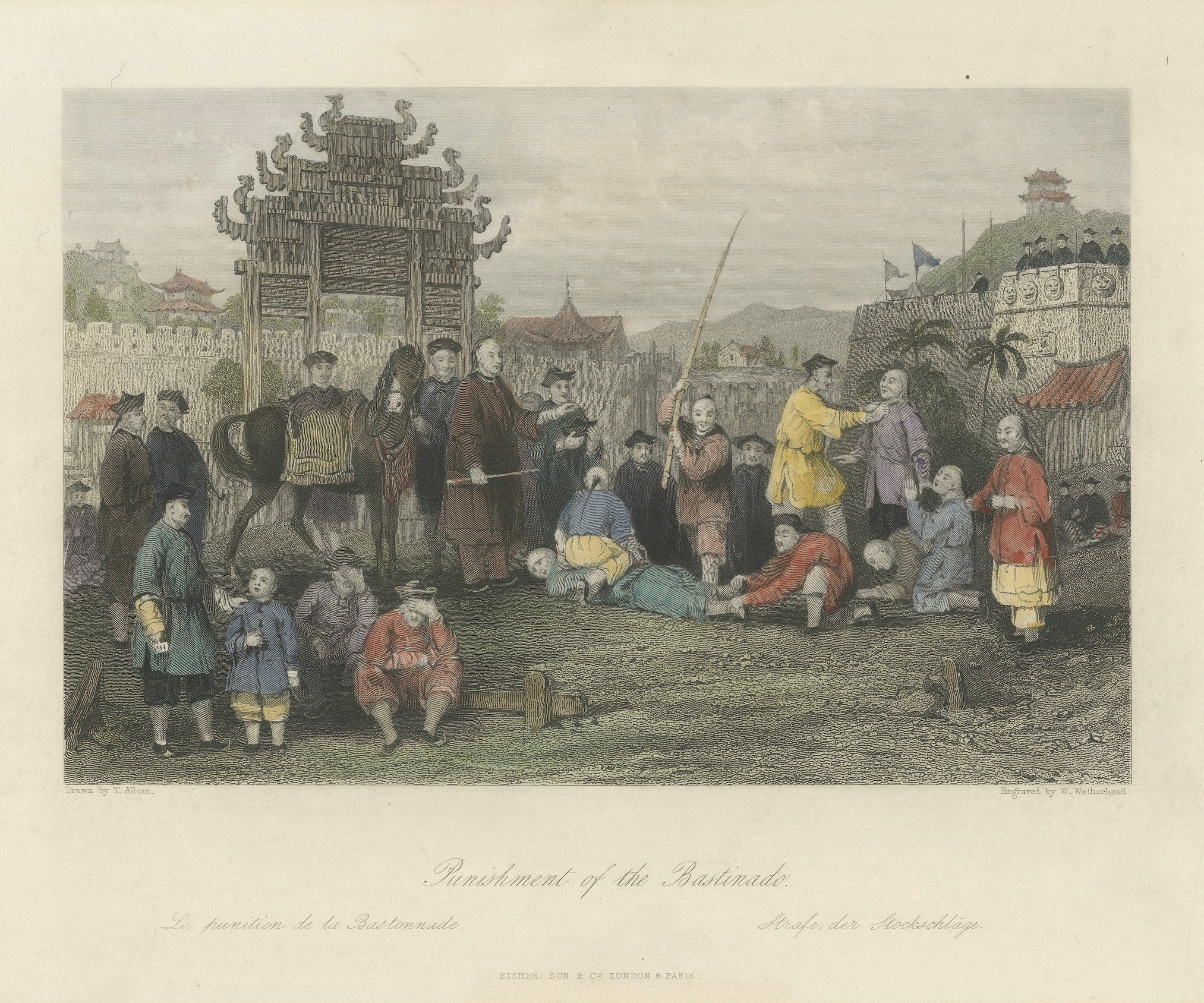 Antique China Punishment of the Bastinado Print – Thomas Allom, 1843