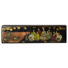 Antique China Wood Pencil Box Chicken Cock Figth Imerial Court Scene Top, 18th C