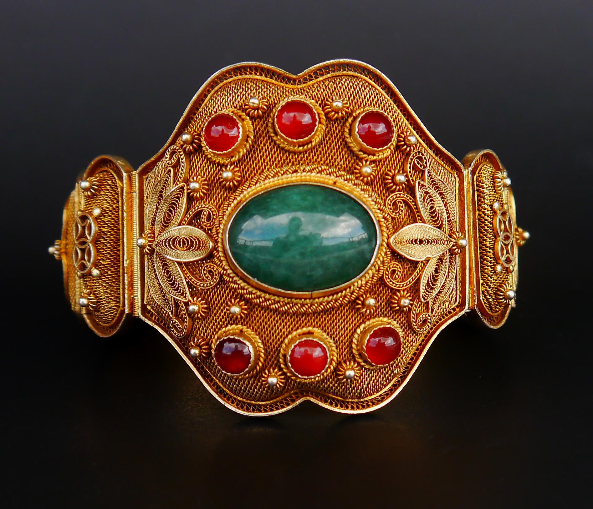 Bracelet chinois ancien en jade, cornaline et argent doré51 g en vente 4