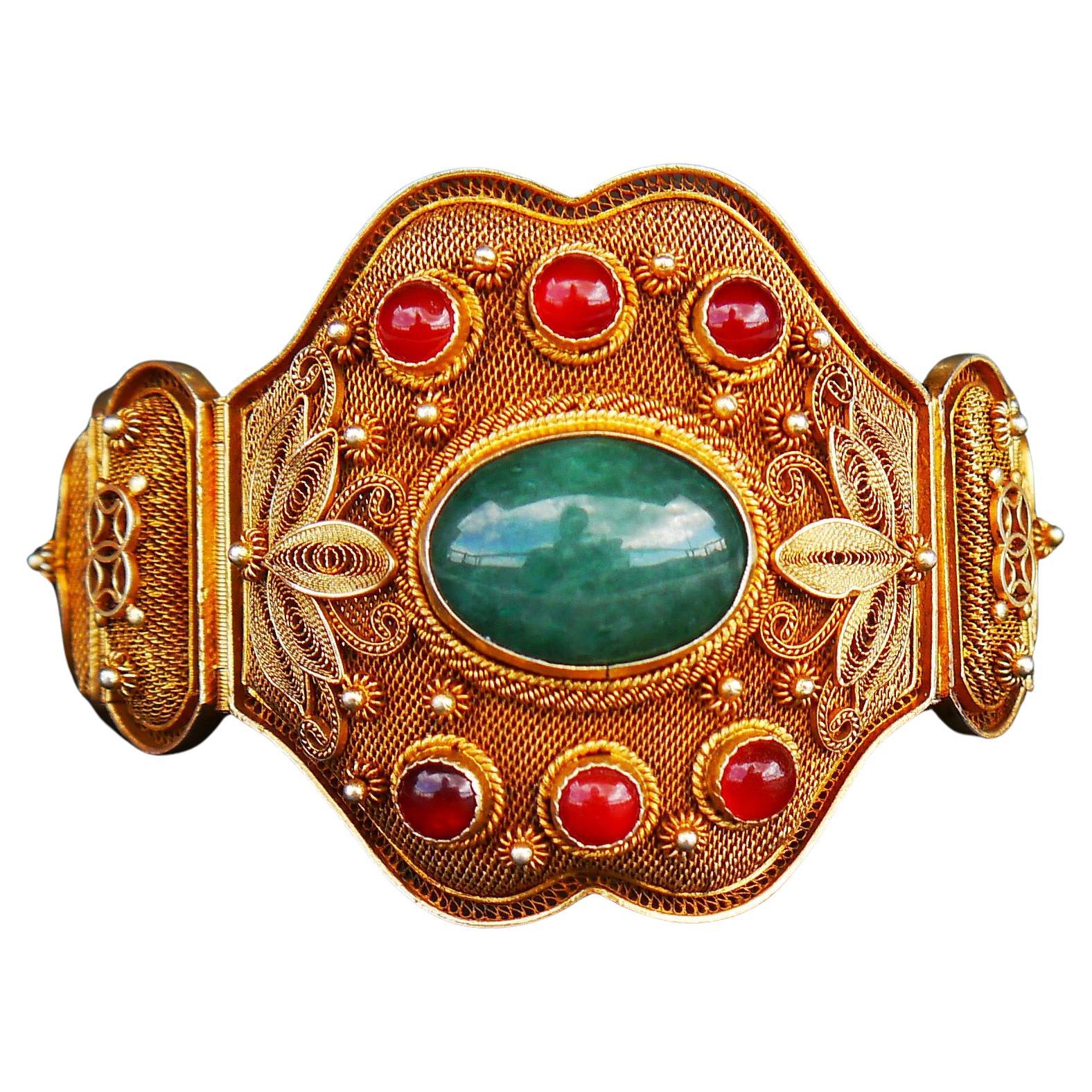Bracelet chinois ancien en jade, cornaline et argent doré51 g en vente