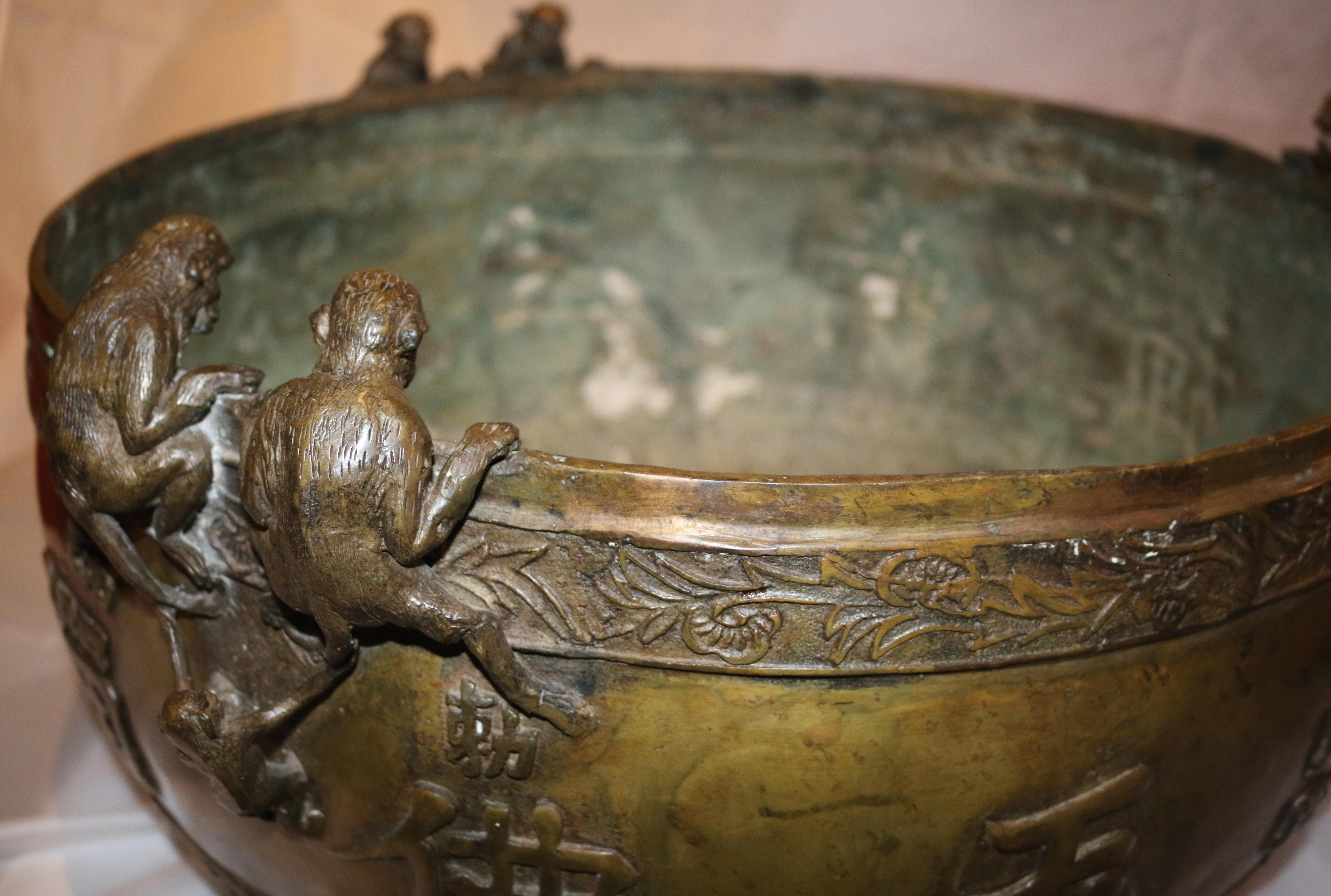 Chinese Chippendale Antique Chines Extra Large Bronze 9 Monkeys Prayer Bowl