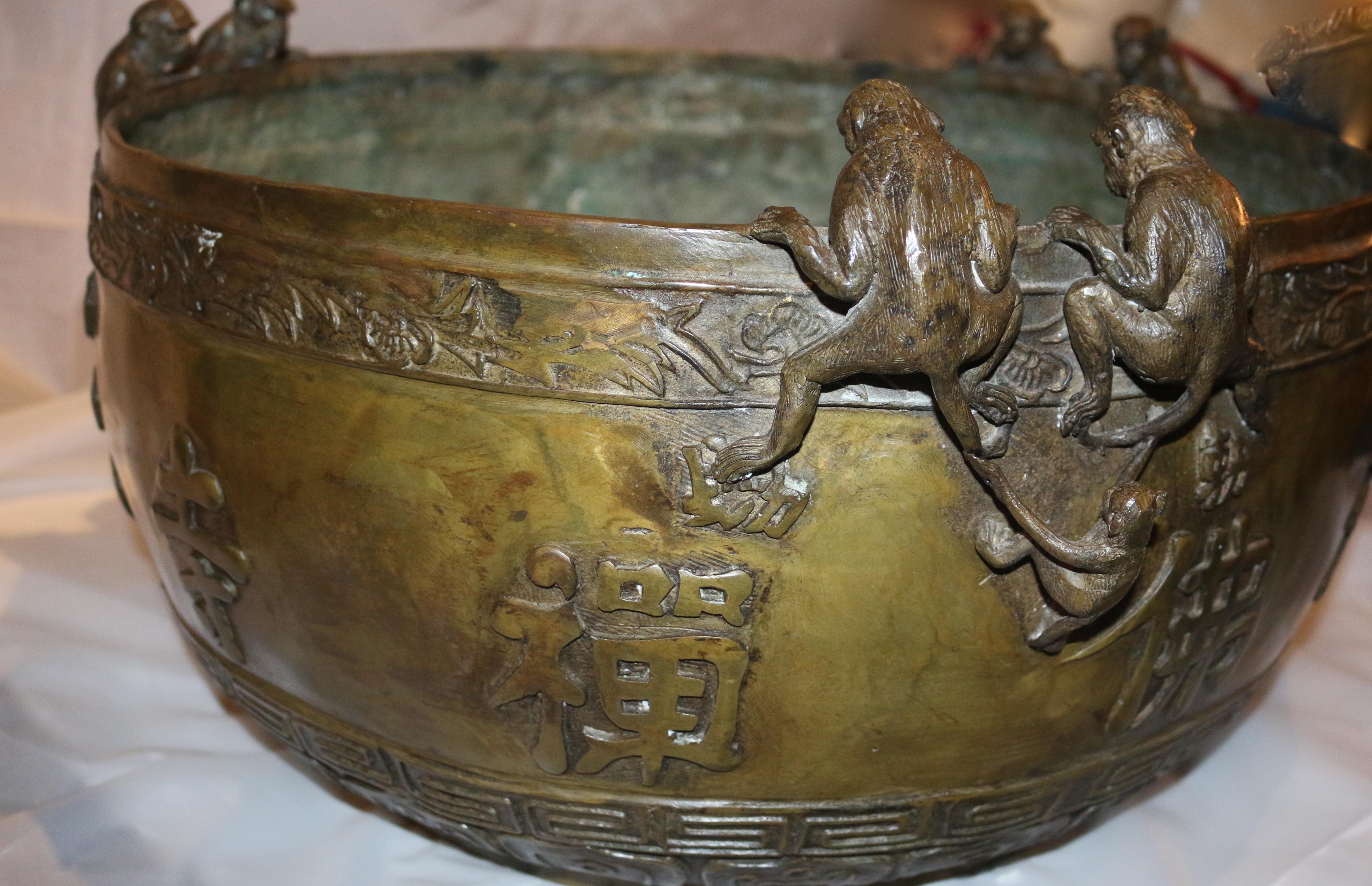 19th Century Antique Chines Extra Large Bronze 9 Monkeys Prayer Bowl
