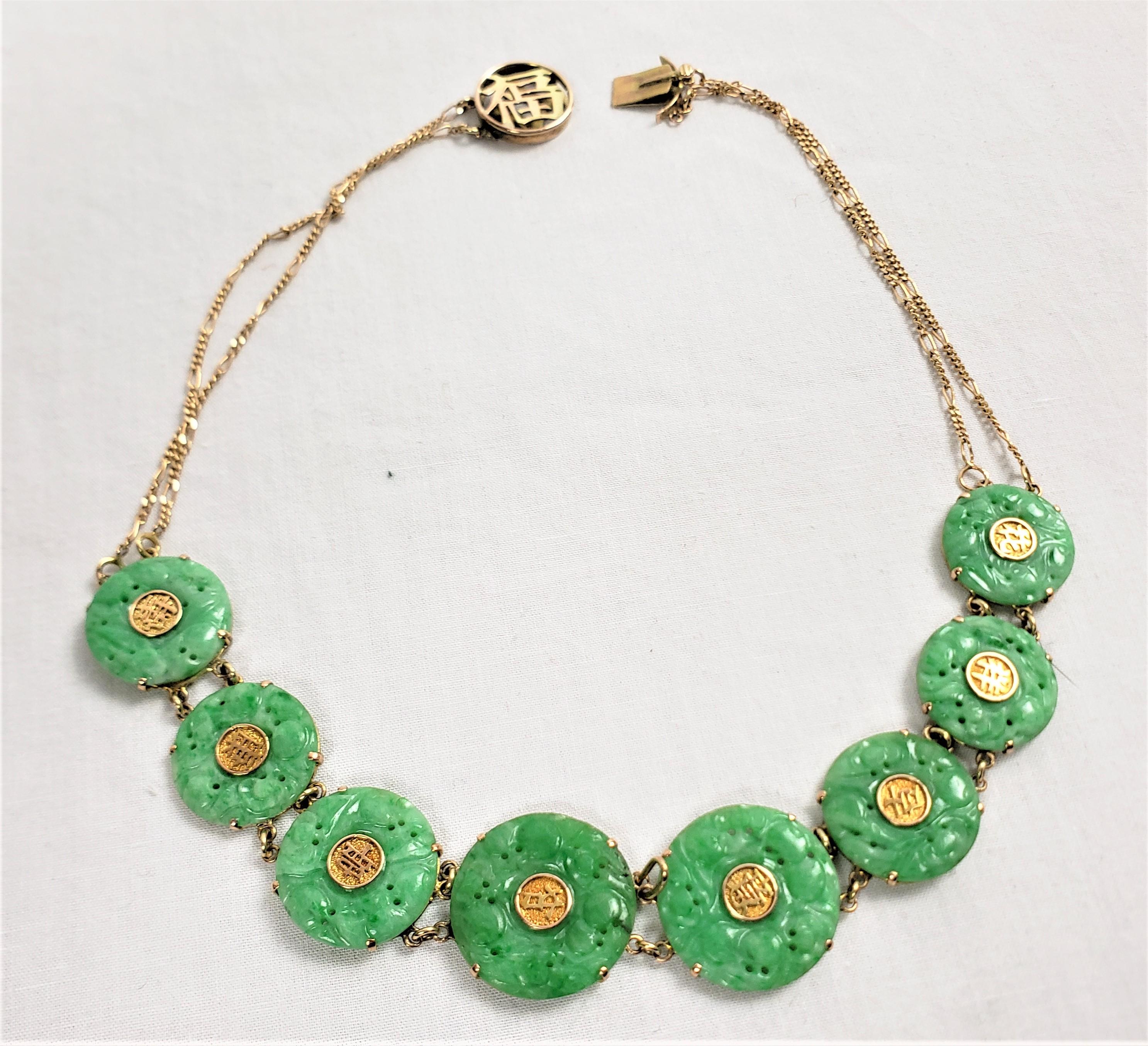 Hand-Crafted Antique Chinese 14 Karat Yellow Gold & Apple Green Jade Woman's Necklace For Sale