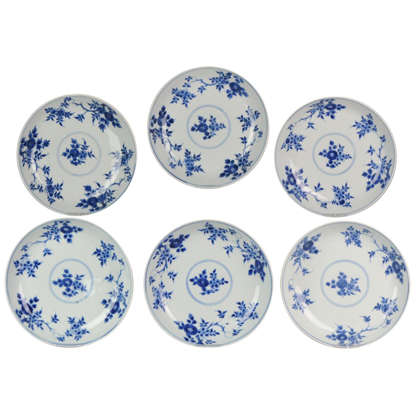 Antique Chinese 1700 Kangxi Period Batavian Blue White Dinner Set Marked Fishes For Sale