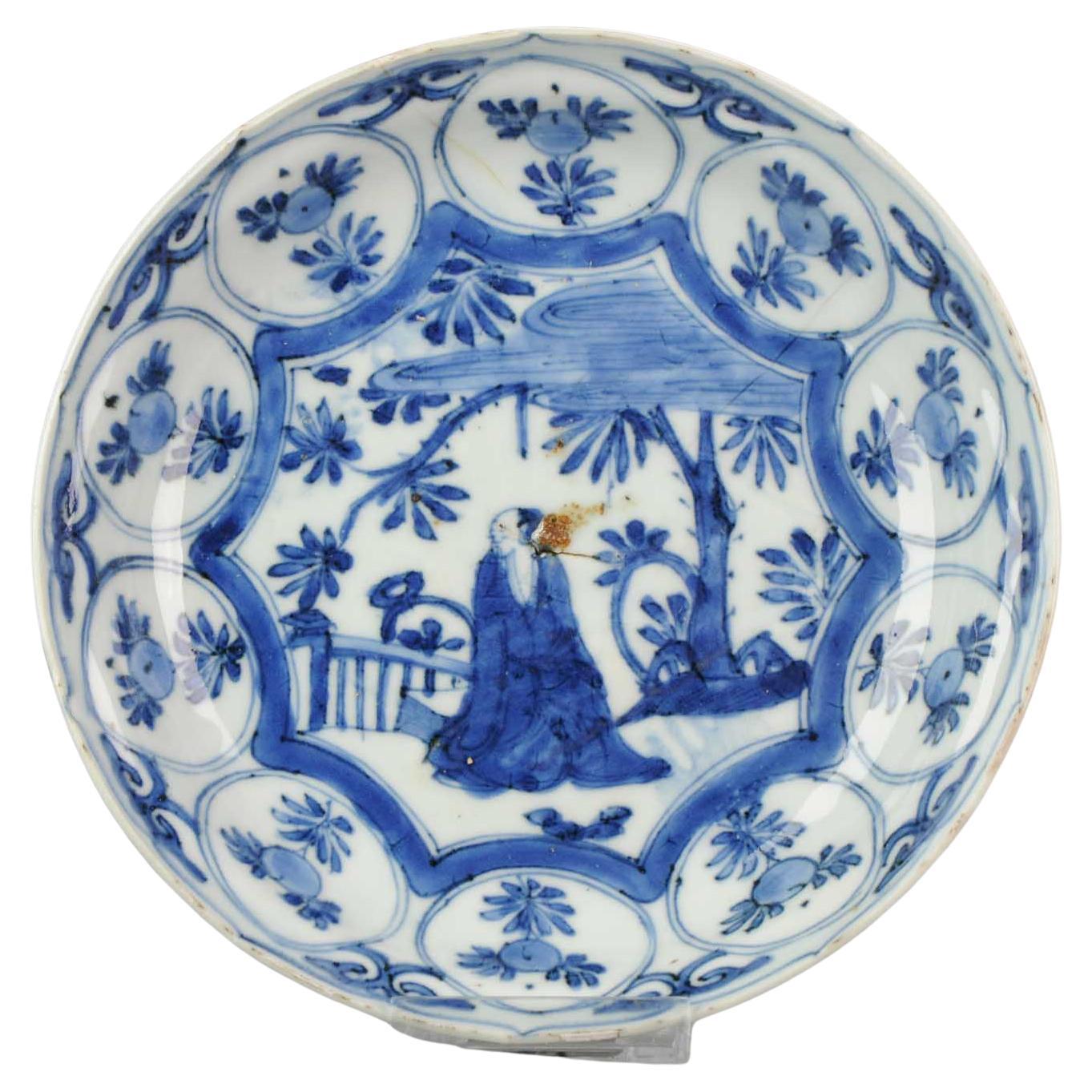 Antique Chinese 17C Porcelain Ming/Transitional Kraak Literatus Dish with Box
