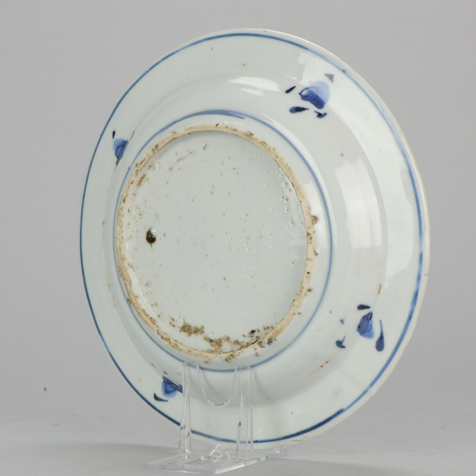 18th Century and Earlier Antique Chinese 17th C Porcelain Ming/Transitional Plate Blue Tianqi Chongzhen For Sale