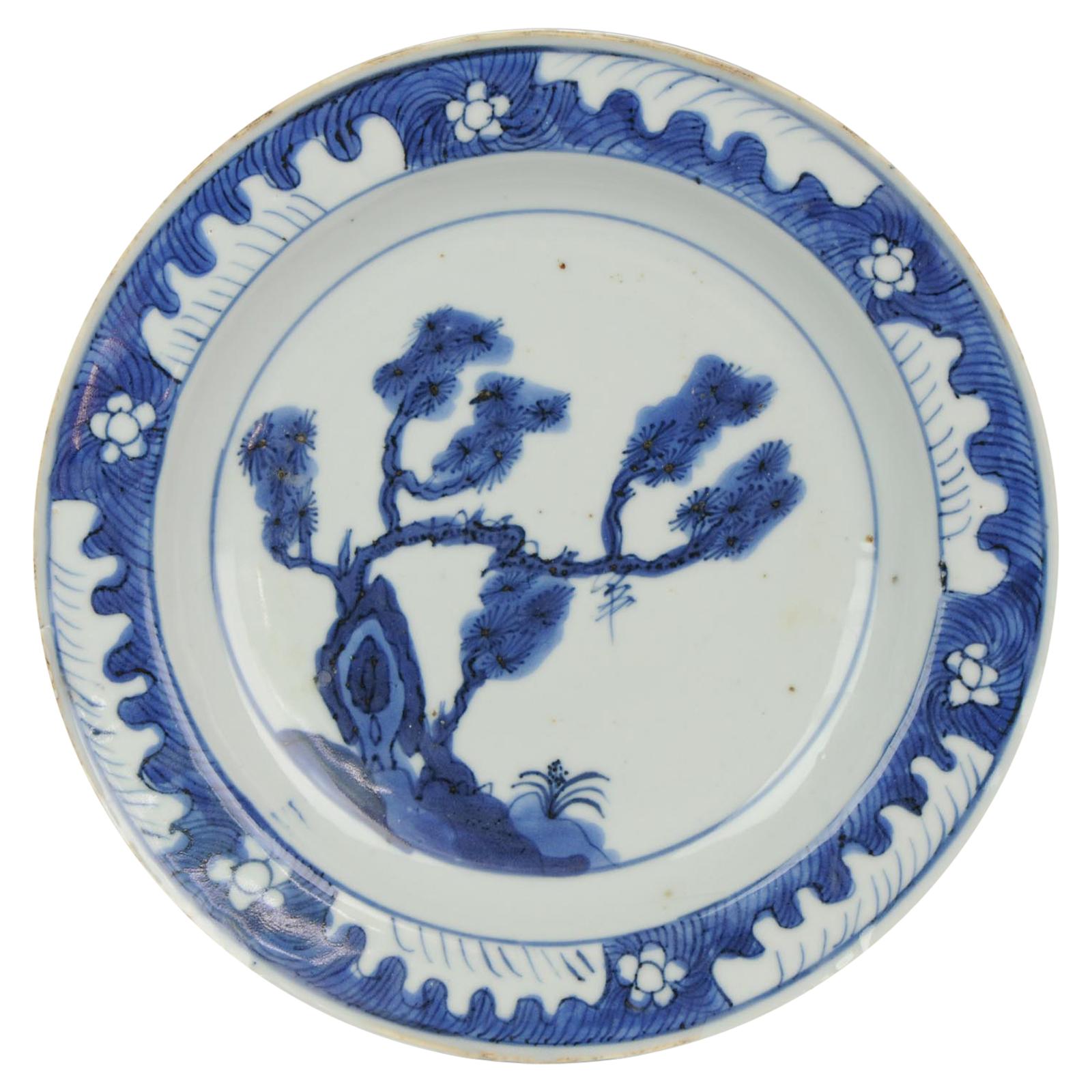 Antique assiette en porcelaine chinoise du 17ème siècle de type Ming/Transitionnel Bleu Tianqi Chongzhen