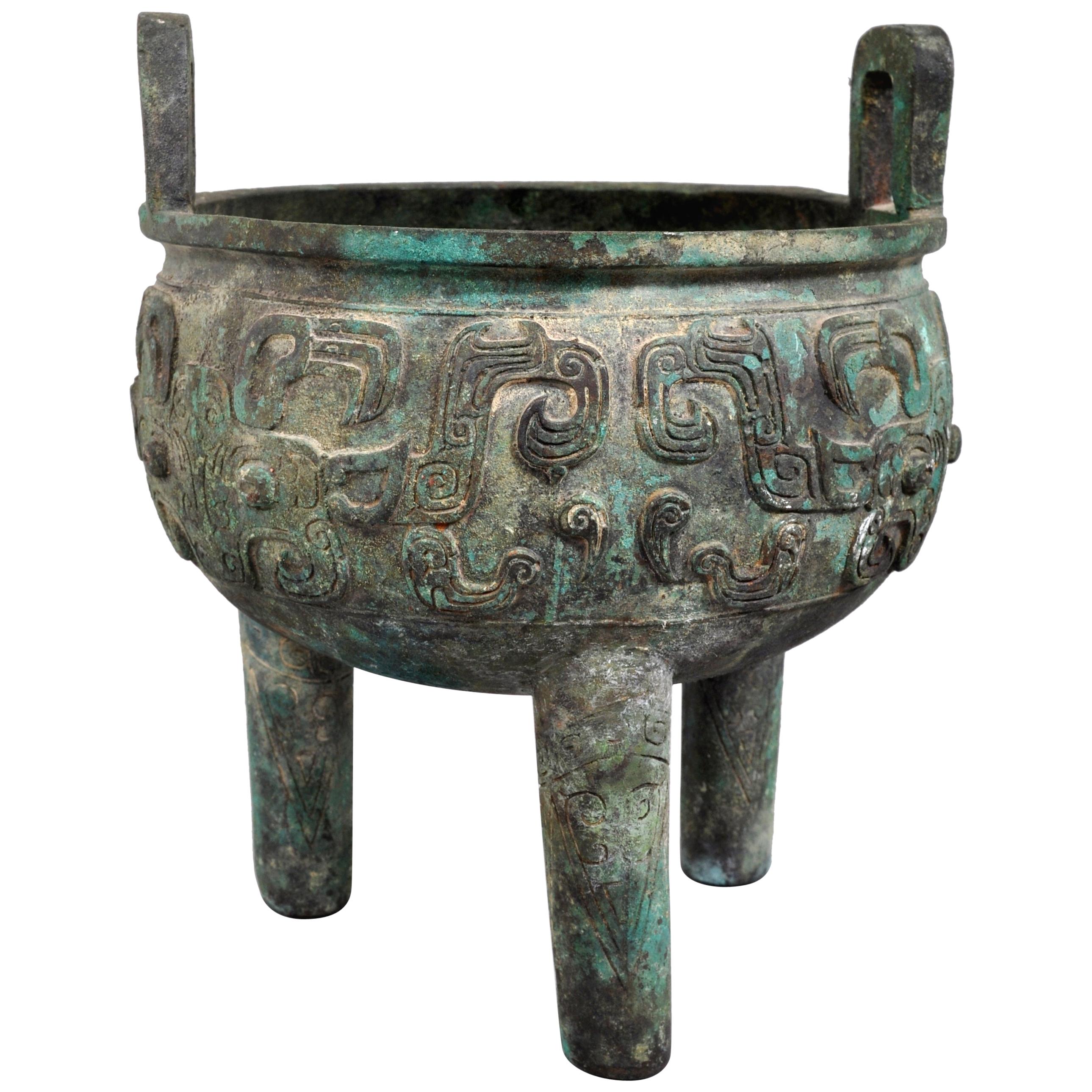Antique Chinese 18th-19th Century Archaic Style Bronze Tripod Ding Censer